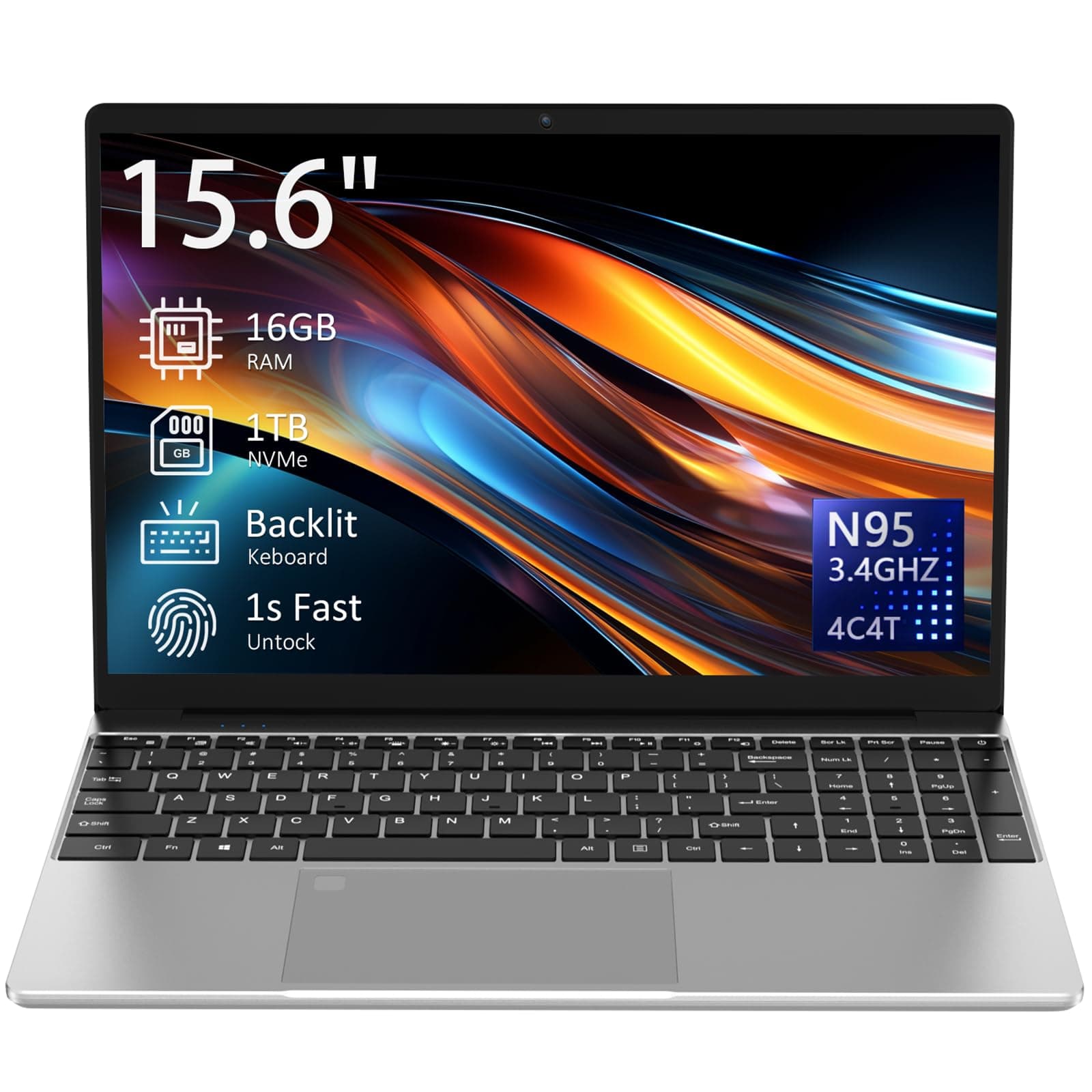 15.6" Laptop Computer Notebook, 4-Core N95 Processor, FHD Display, Backlit Keyboard, Fingerprint, Webcam, Bluetooth, WiFi, Win 11 Pro, 10TB Upgradeable, T152A, 16GB RAM, 1TB NVMe SSD, Silver