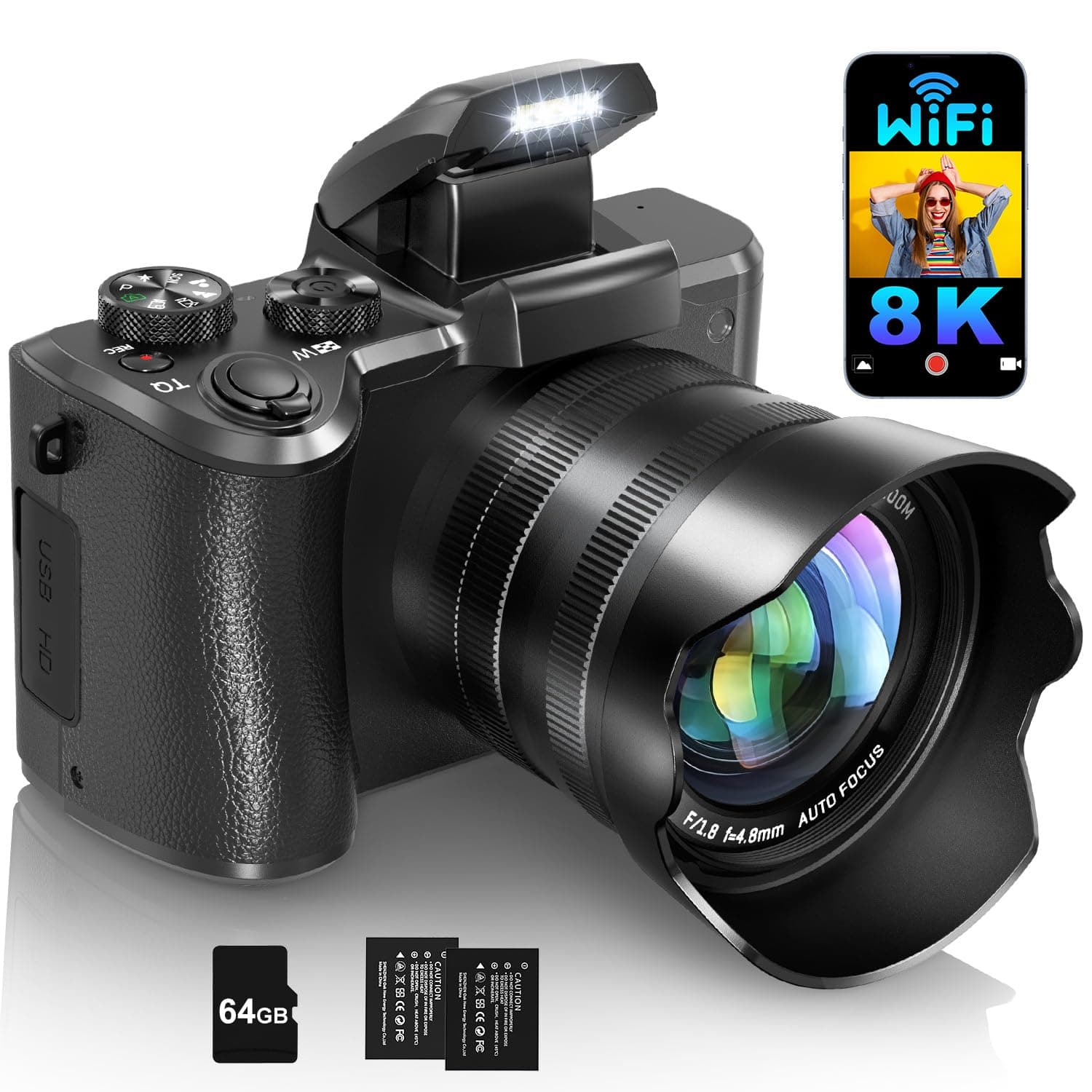 8K Digital Cameras for Photography Autofocus, WiFi 88MP Vlogging Camera with Dual-Lens, Flash, 16X Digital Zoom, Touch Screen, Travel Camera Anti-Shake with Lens Hood, 64GB Card,2 Batteries Dark Black