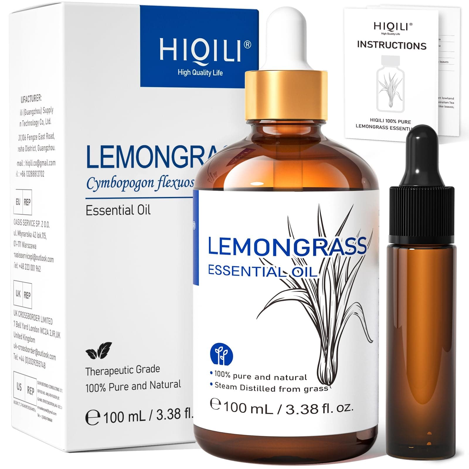 HIQILI Lemongrass Essential Oil, 100% Pure Natural Undiluted Premium Oils - 3.38 Fl. Oz Lemongrass 3.38 Fl Oz (Pack of 1)