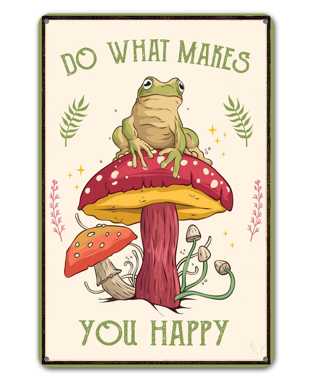 Funny Frog Mushroom Decor Metal Sign: Cute Cottagecore & Forest Decor for Bathroom, Kitchen, Bedroom, and Home, 12 x 8 Inch (247) Beige