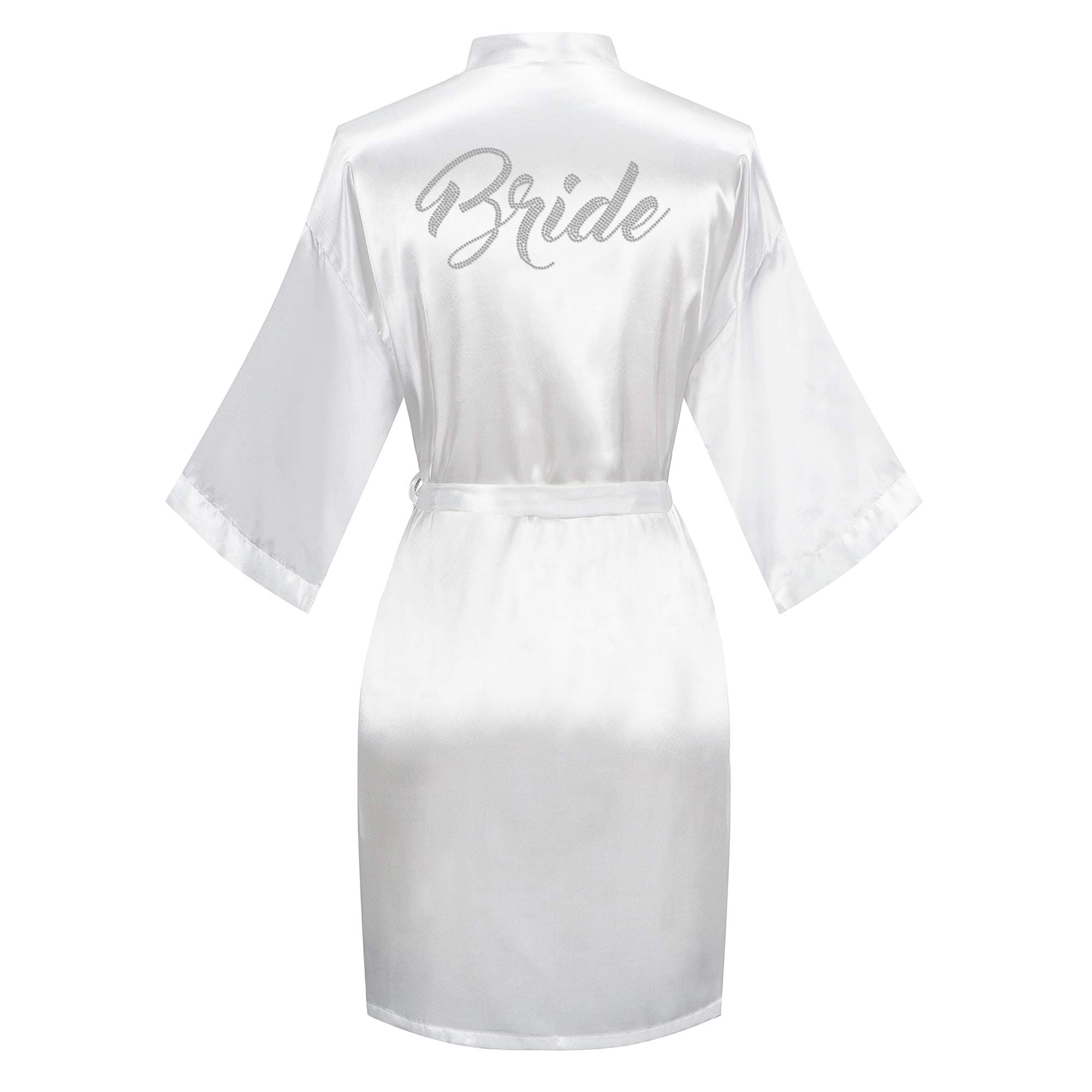Women's Short Satin Kimono Robes One Size Silver Rhinestones Bride Bridesmaid for Wedding Party Getting Ready White Bride Robe