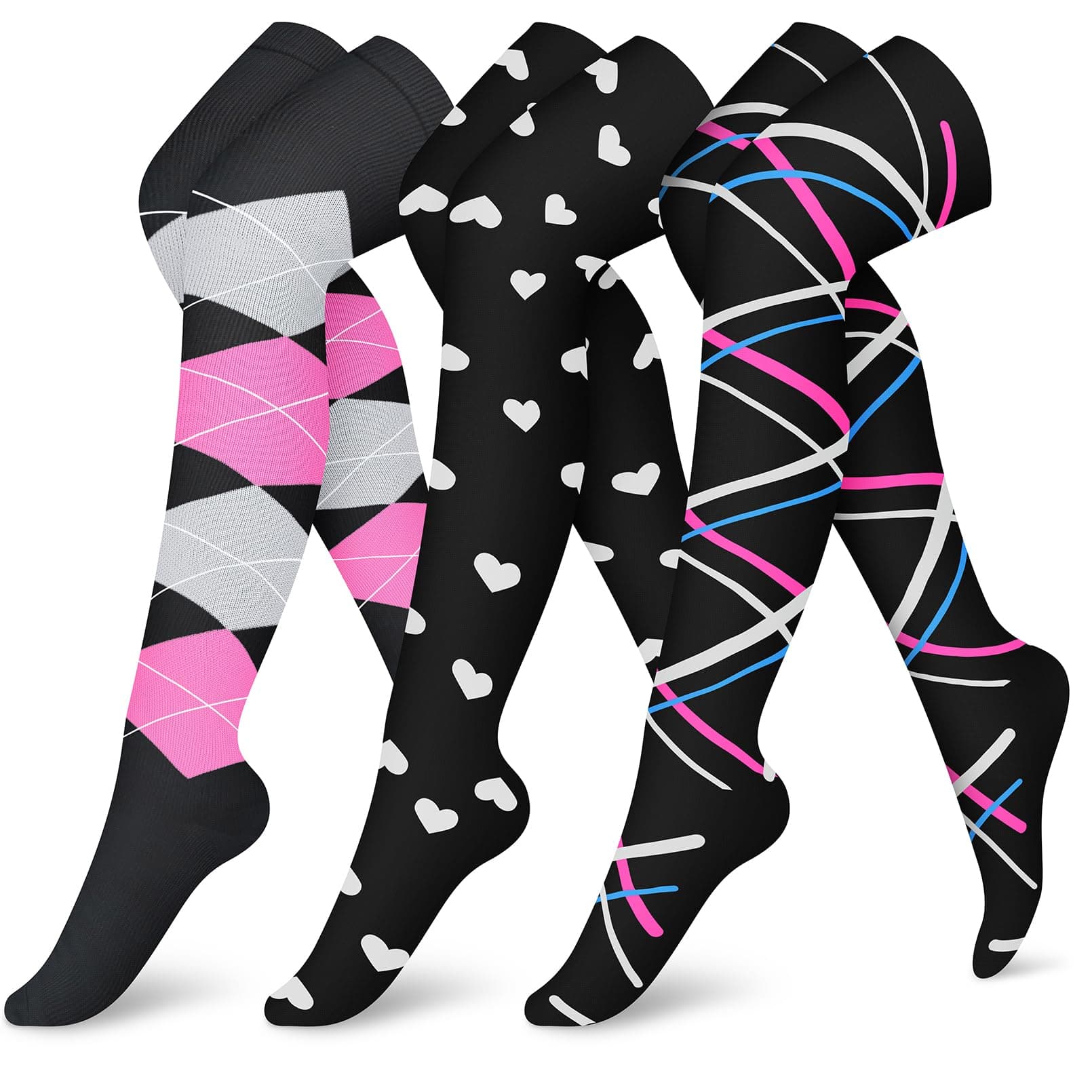 CHARMKING Compression Socks (3 Pairs) Knee High Compression Sock for Women & Men Stockings for Running, Cycling,Athletic Small-Medium 08 Pink/Pink/Black