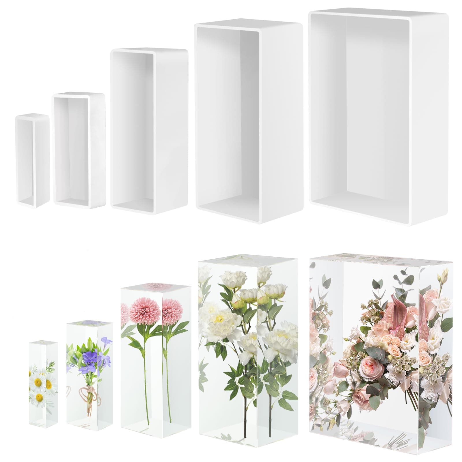 Large Resin Molds, Rectangle Silicone Molds for Epoxy Resin, 5 PCS Cuboid Resin Moulds with Wooden Support, Deep Casting Molds for Preserving Flowers, Insect Specimens, DIY Gifts, Furniture Decoration Rectangle Resin Molds