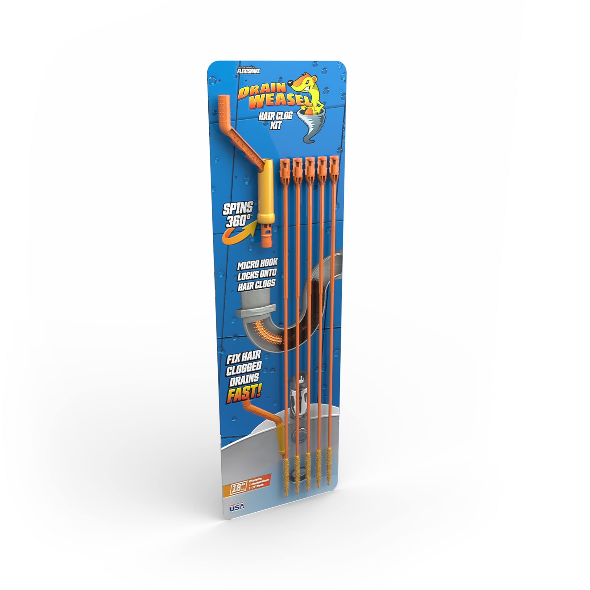 FlexiSnake Drain Weasel Sink Snake Hair Clog Remover Tool, Pipe, Bathroom, Bathtub Cleaner, 18-inch, Made in the USA, 5 Wands and Removable Handle 5 Pack