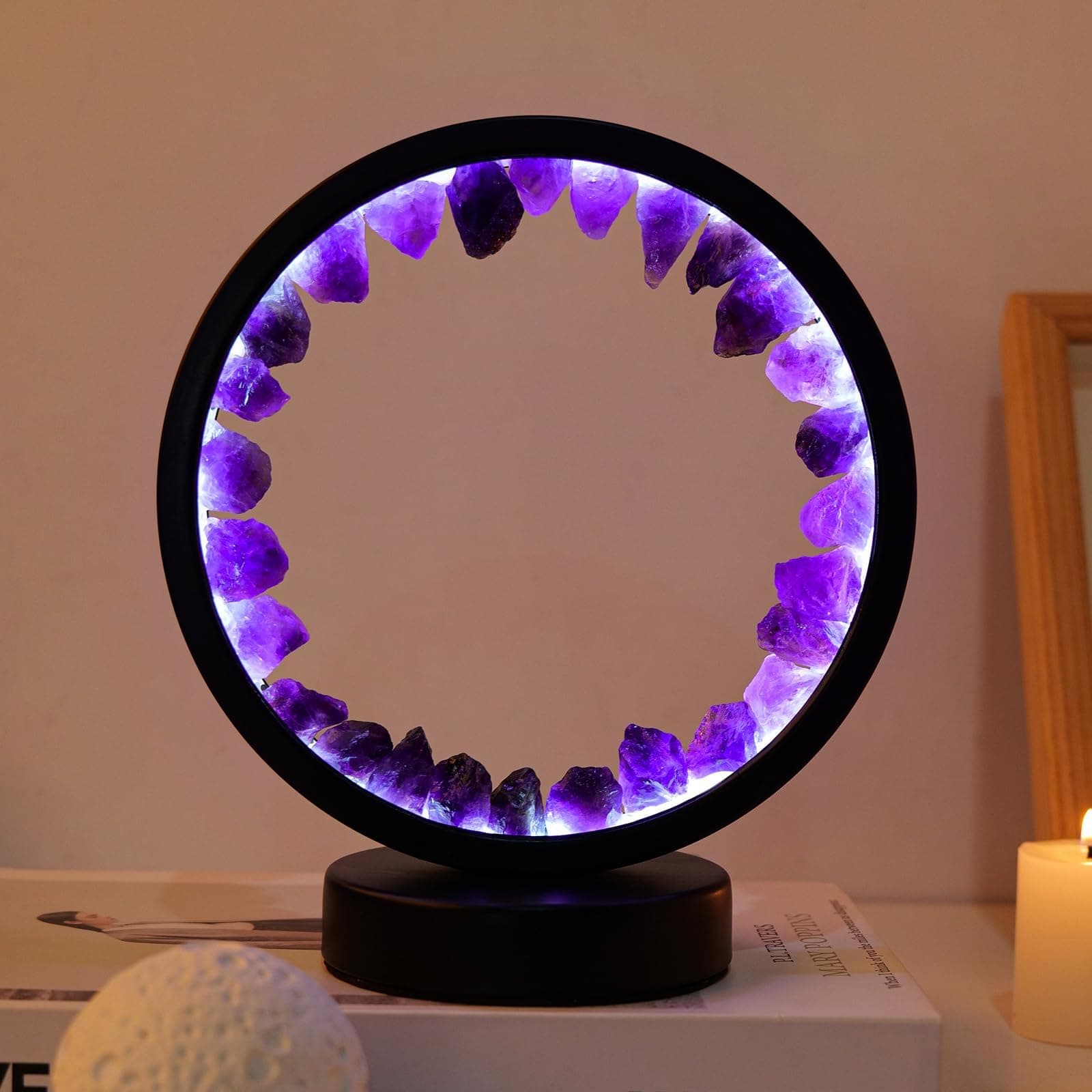 Runyangshi Amethyst Night Lamp 8.6" Natural Healing Crystal Bedside Lamp USB Port 3 Colours Dimming Mode Bedroom Lamp Suitable Night Light for Living Room Bedroom Office Home Decor Ideal Gift Amethyst Round
