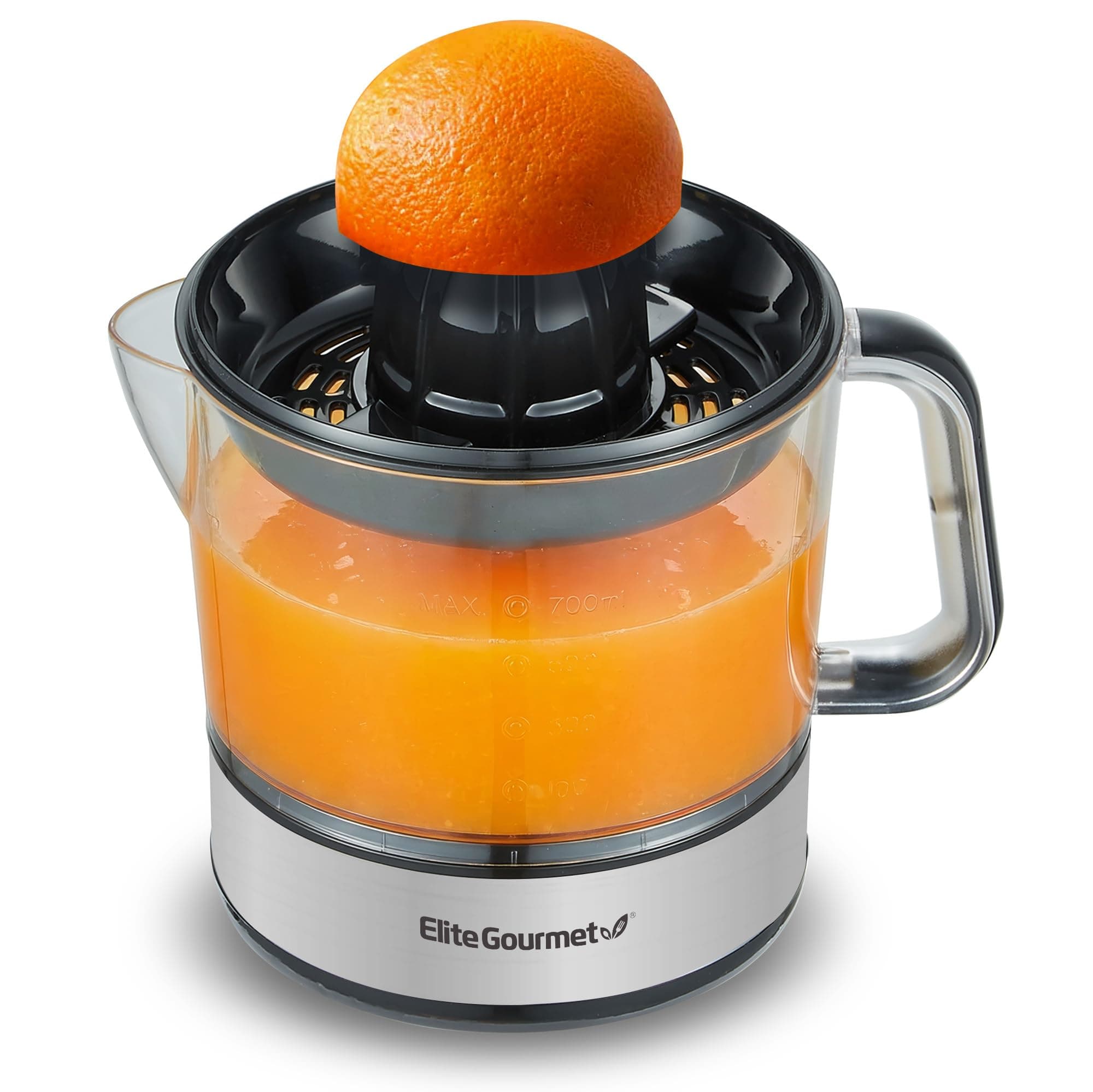 Elite Gourmet ETS623 BPA-Free Electric Citrus Juicer, Compact, Large Volume, Pulp Control, Oranges, Lemons, Limes, Grapefruits with Easy Pour Spout, 24oz, Black/Stainless Steel