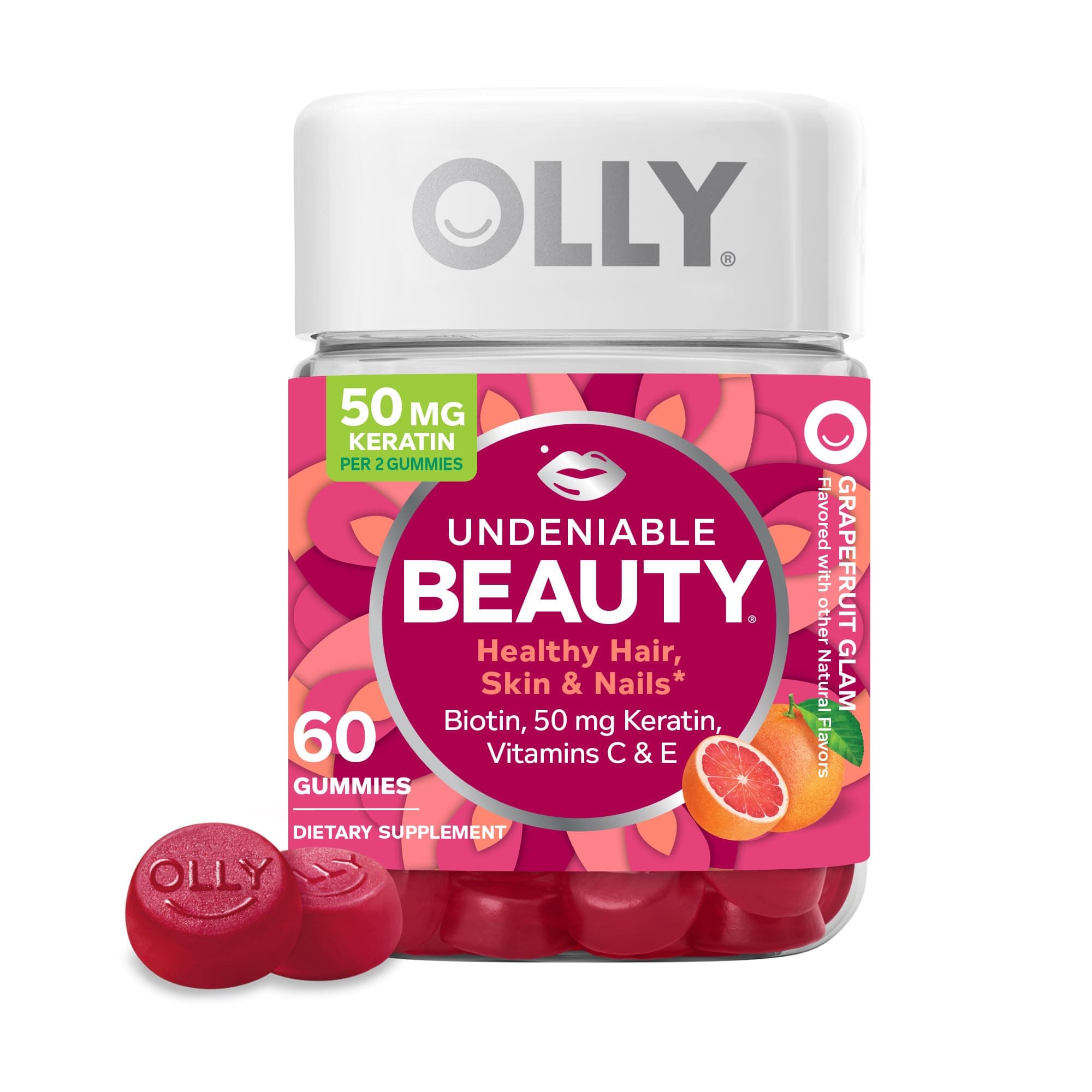 OLLY Undeniable Beauty Gummy, For Hair, Skin, Nails, Biotin, Vitamin C, Keratin, Chewable Supplement, Grapefruit, 30 Day Supply - 60 Count 60 Count (Pack of 1)