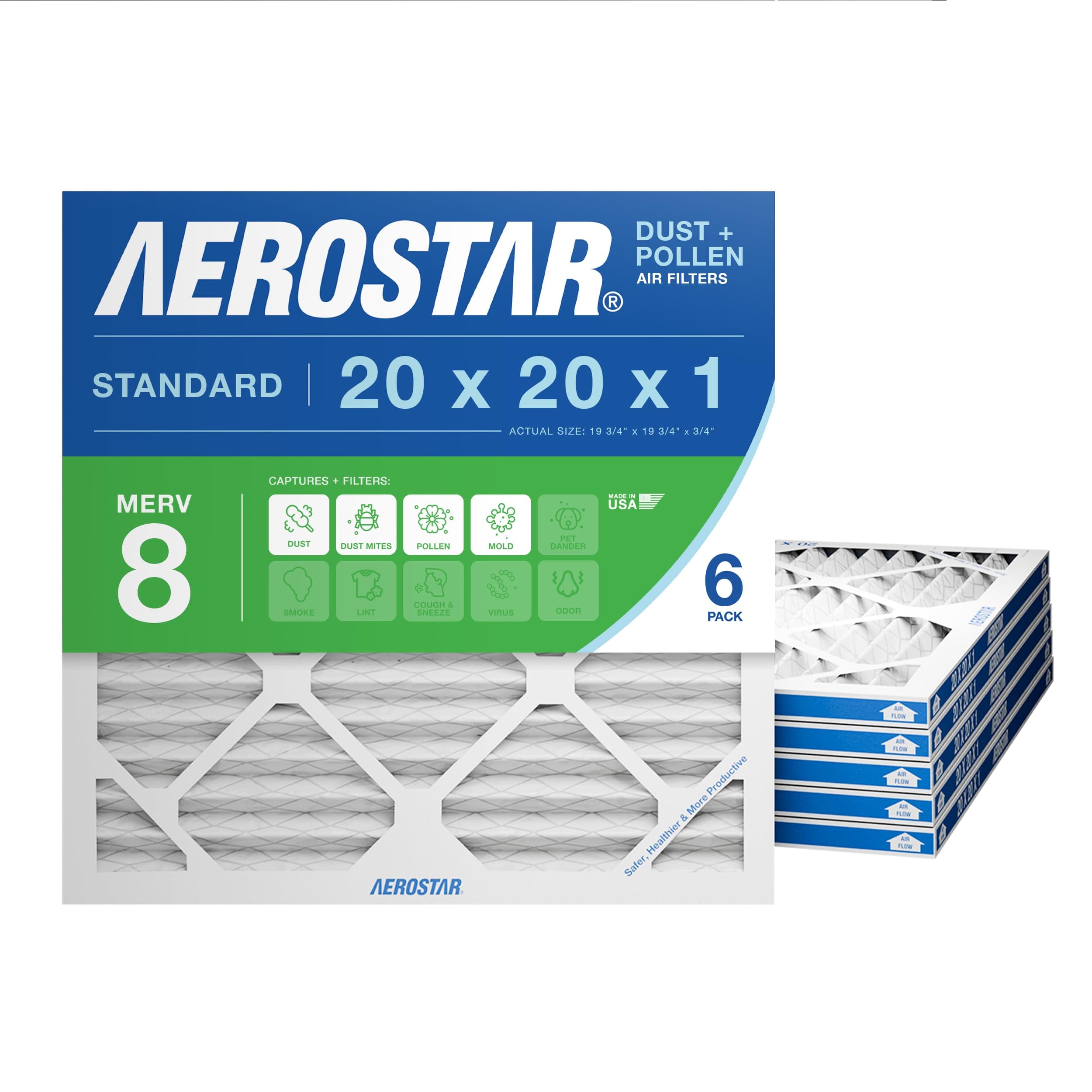 Aerostar 20x20x1 MERV 8 Air Filter, 6 Count, ACTUAL SIZE (19.75 x 19.75 x 0.75), HVAC, Air Conditioning & Furnace Filter Captures Dust, Lint & Pollen (MPR 600 / FPR 5), Made in USA 6 PACK MERV 8 Standard