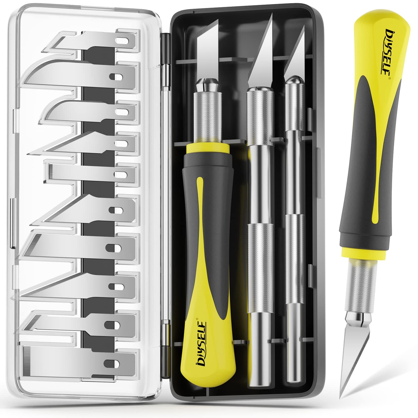 DIYSELF 16-Piece Craft Knife Set, Exacto Knife Set, 3-Piece Hobby Knife with 10-Piece Exacto Knife Blades, Precision Art Knife for Pumpkin Carving, Modeling, Exactly Knife, Pumpkin Carving Tools 16-Pack Yellow