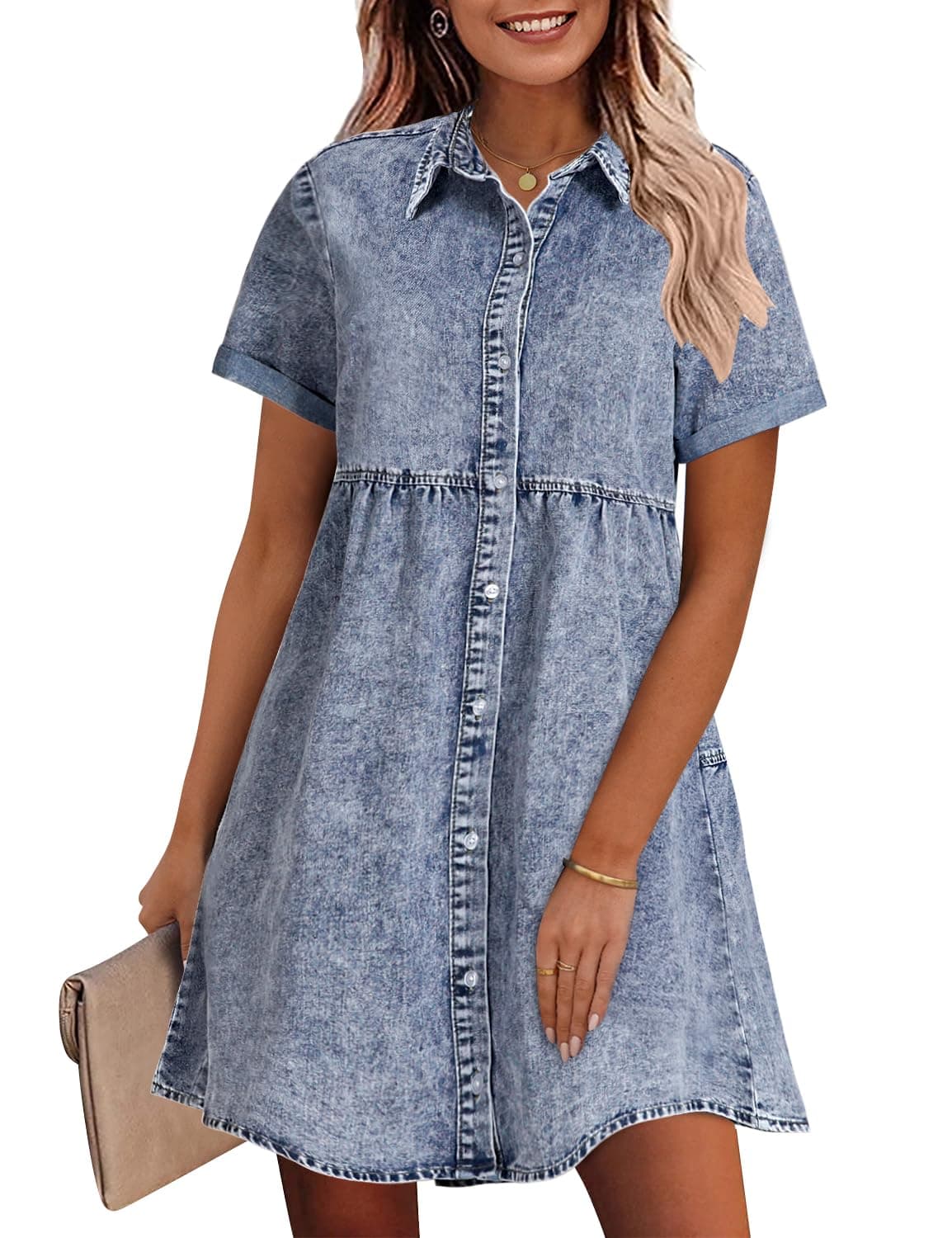 GRAPENT Denim Dress for Women Babydoll Tiered Short Sleeve Button Down Jean Shirt Dresses Medium Bay Blue