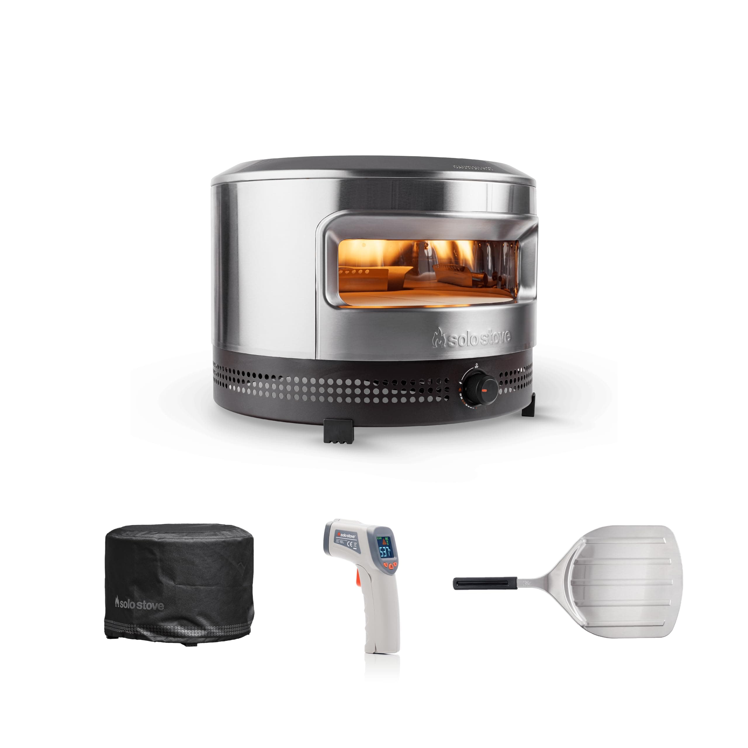 Solo Stove Pi Prime 21" x 16" Stainless Steel Propane Outdoor Pizza Oven Bundle with IR Thermometer, Stainless Peel & Shelter – 12" Panoramic Opening, Demi-Dome Heating, 90-Second Artisan Pizzas Pi Prime Bundle