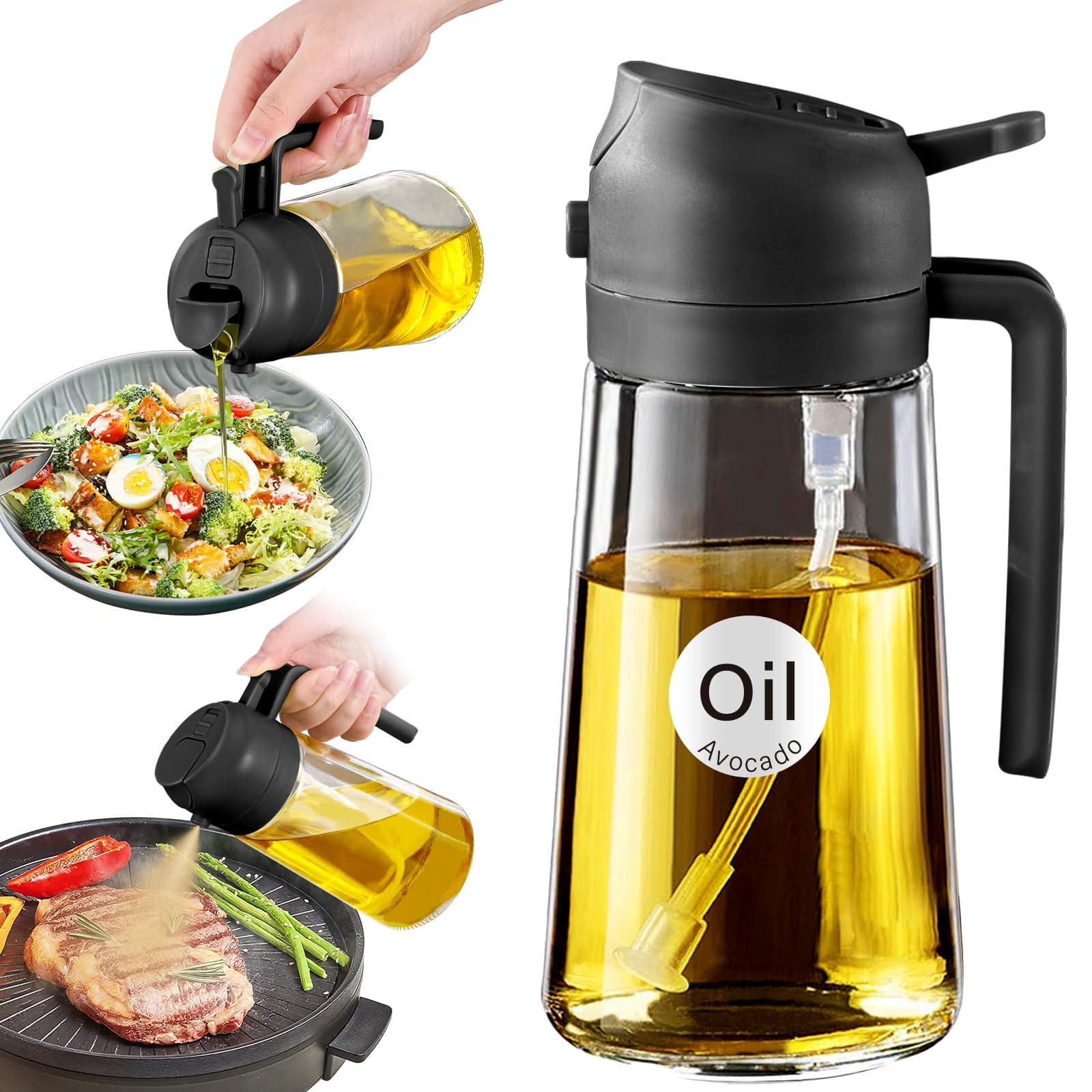 YARRAMATE 16oz/470ml Glass Olive Oil Sprayer for Cooking with Stickers, 2 in 1 Oil Dispenser for Kitchen Gadgets, Food Grade Premium Spray Bottle with Portion Control for Salad, Frying, BBQ (Black) 02_Black