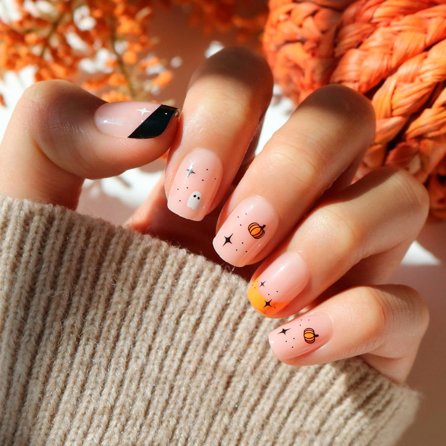 Glamnetic Press On Nails - Tiny Pumpkin | Short Squoval French Tip Fake Nails with Pumpkin Graphics & Glossy Finish, Salon Quality Halloween Nails | 15 Sizes - 30 Nail Kit with Glue