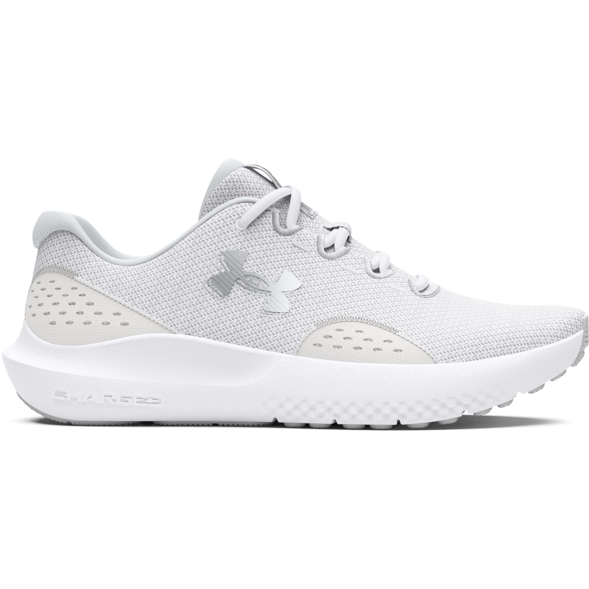 Under Armour Women's Charged Surge 4 Running Shoe 8.5 (100) White/Distant Gray/Metallic Silver
