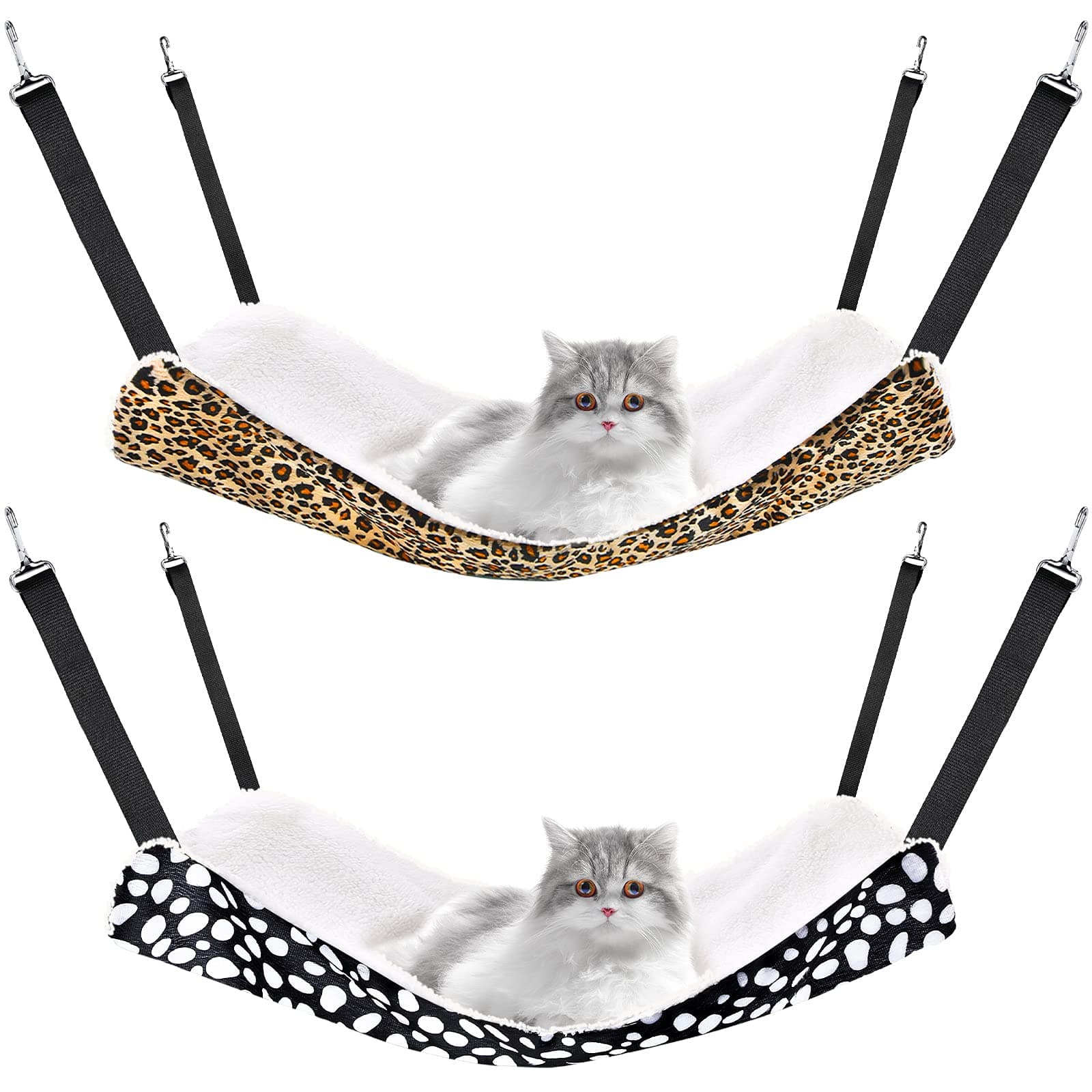 Jetec 2 Pieces Reversible Cat Hanging Hammock Soft Breathable Pet Cage Hammock with Adjustable Straps and Metal Hooks Double Sided Hanging Bed for Small Dogs Rabbits(Leopard and Dot,M) Leopard and Dot M
