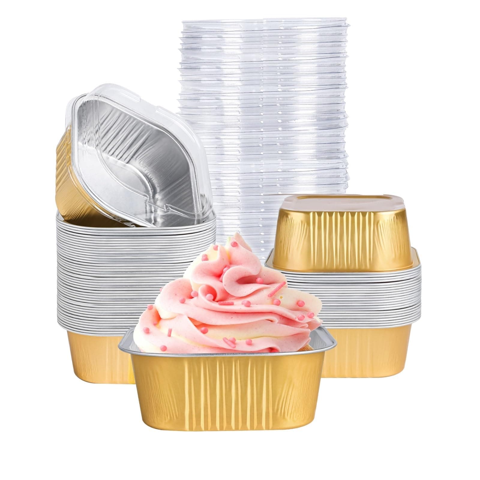 40 Pack Mini Cake Pans with Lids, 5oz Square Aluminum Foil Brownie Baking Cups, Muffin Tin Ramekins, Disposable Dessert Cupcake Cups for Wedding Birthday Party, Gold