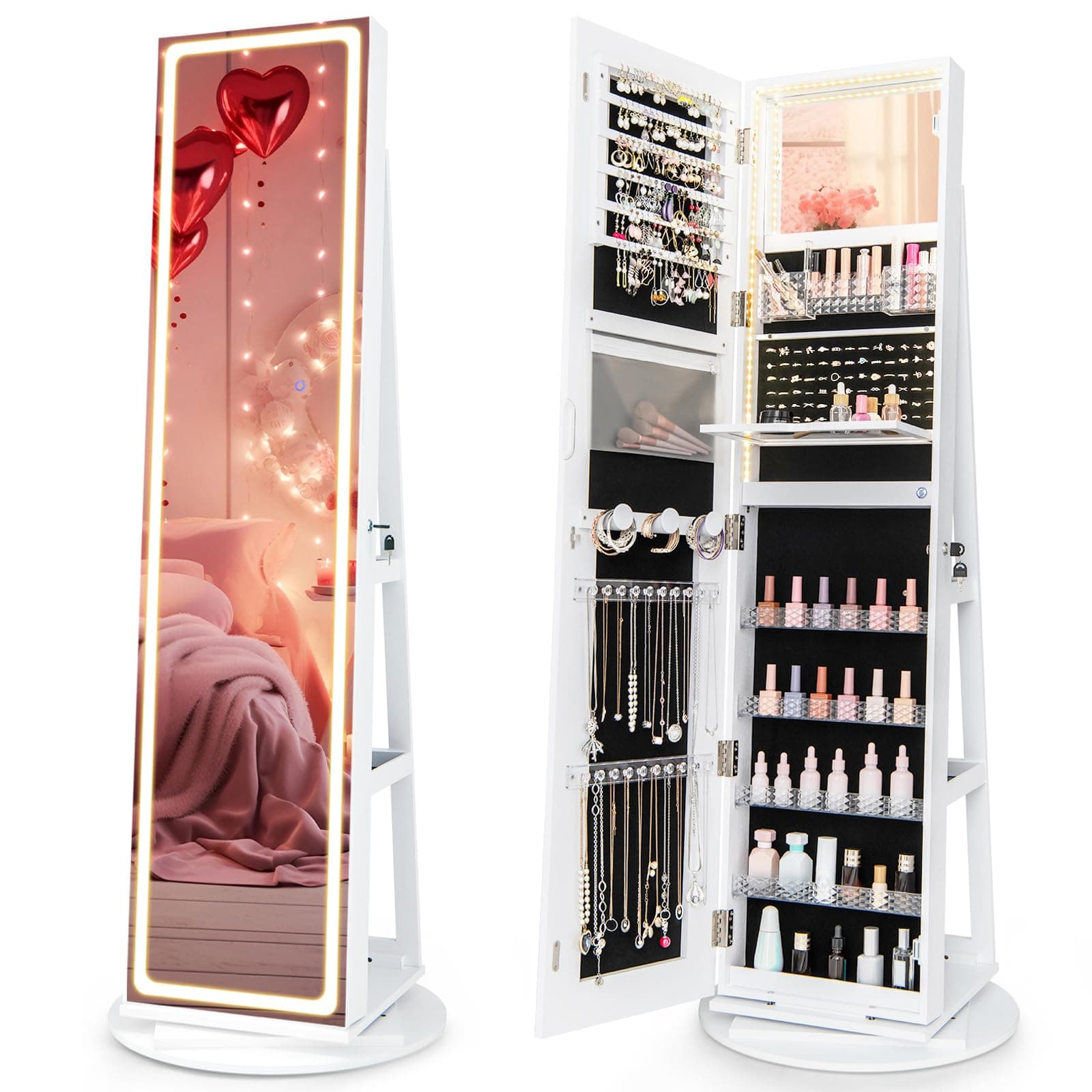 CHARMAID 360° Rotating Jewelry Armoire with LED Lighted Full Length Mirror & Built-in Vanity Mirror, Lockable Standing Jewelry Cabinet with Lights, Large Storage Organizer for Jewelry (White) White 63"H with LED Mirror