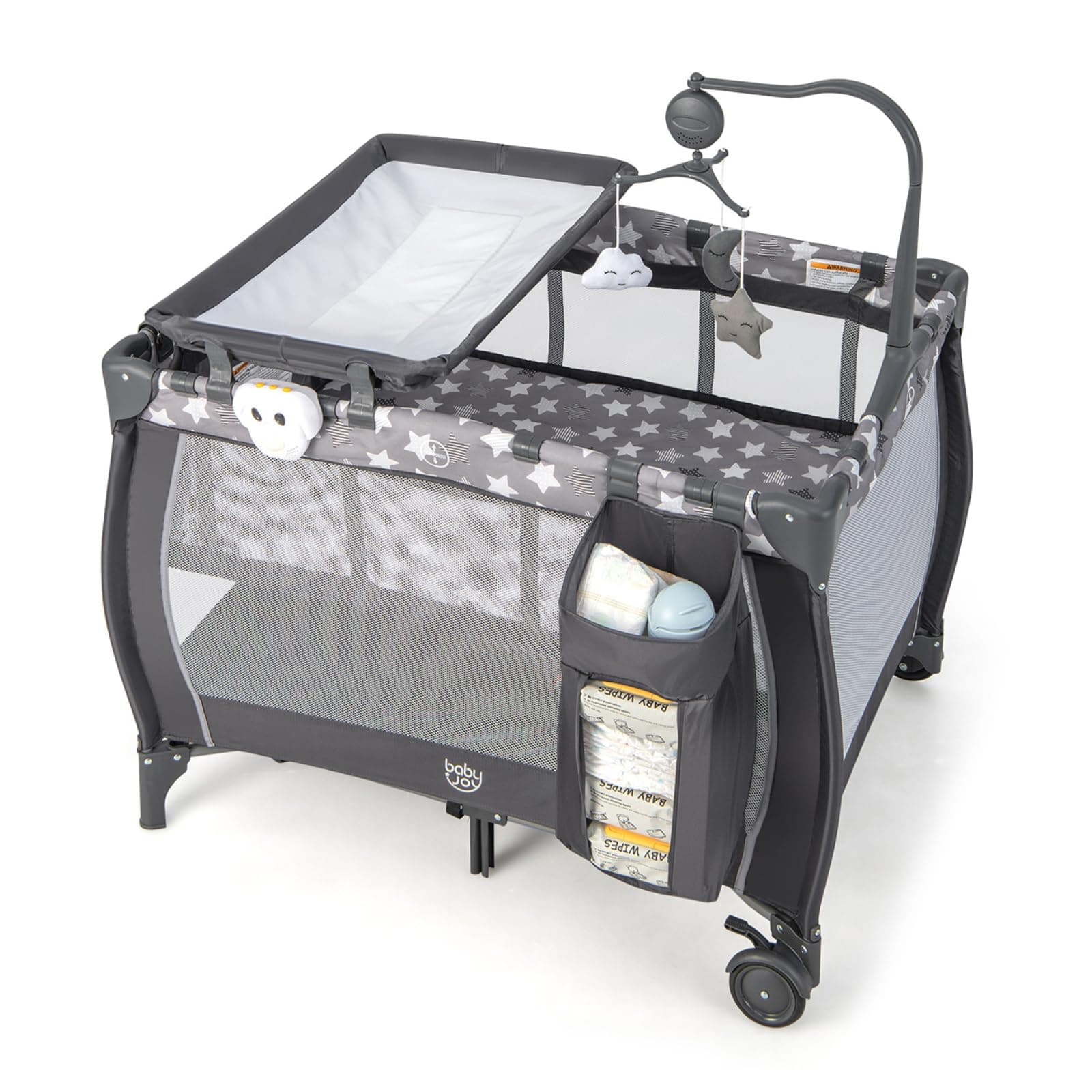 Costzon 3 in 1 Pack and Play with Bassinet, Portable Baby Playard with Changing Table, Music Box, Whirling Toys, Wheels/Brake, Basket, Bag, Foldable Infant Bassinet for Baby Toddlers Indoor Outdoor Gray Little Stars