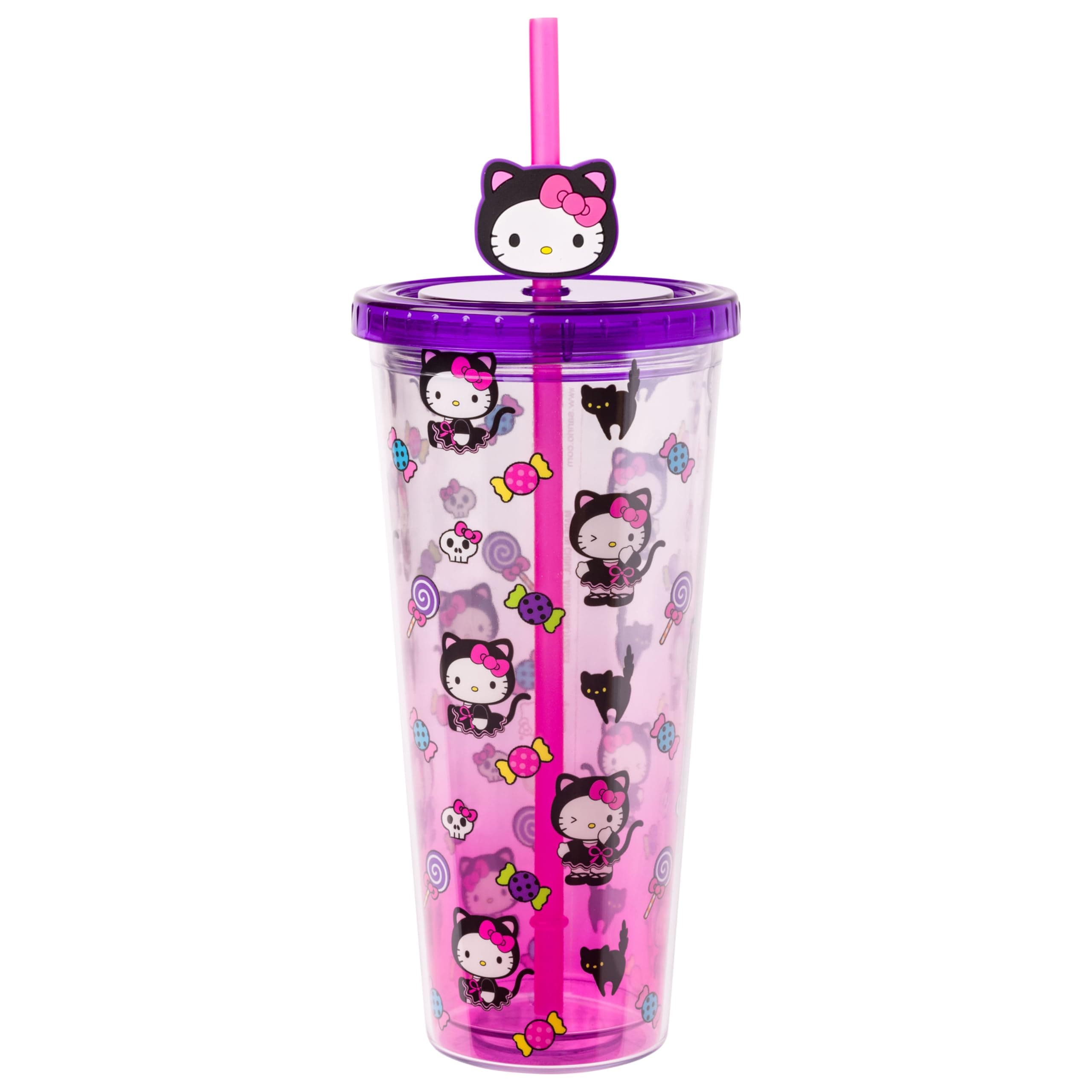 Silver Buffalo Sanrio Hello Kitty Halloween Costume Black Cat and Candy Plastic Cold Cup with Lid and Straw Topper, 24 Ounces Hello Kitty Black Cat Halloween 24 Ounces