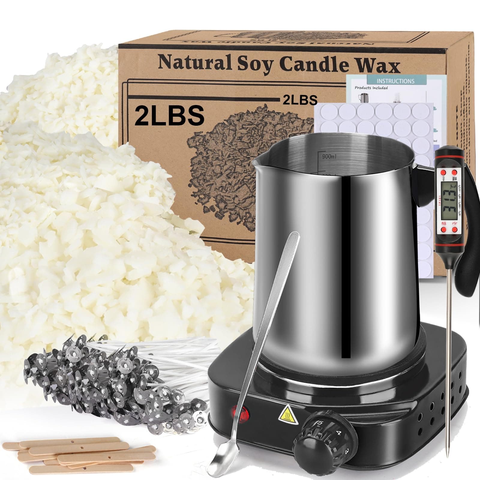 Soy Wax Candle Making Kit Supplies With Wax Melter, Natural Candle Wax For Candle Making, DIY Art&Crafts Kit for Adults,Beginner, Including 2lbs Soy Wax Flakes, Electric Stove,CandleWick,Melting Pot 2lbs with melter