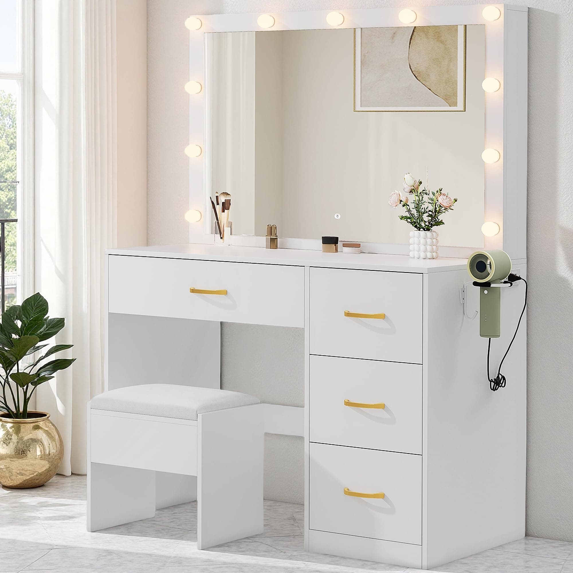DWVO LED Makeup Vanity Table with 3 Light Modes, 4 Storage Drawers, Built-in Power Outlets & Hairdryer Holder, Dressing Table with Cushioned Stool Cool White Bulbs
