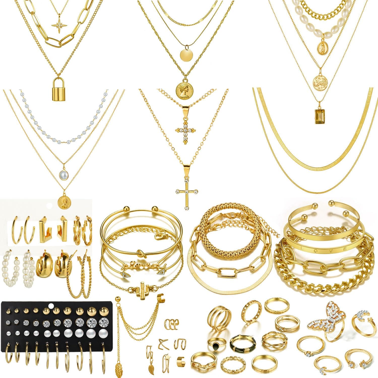 73 Pcs Gold Jewelry Set with 6Pcs Layered Necklace, 11 Pcs anklet and 7Pcs Earring Ear Cuff,12Hoop Earrings ,15pcs Rings,21pcs stud earrings Jewerly set for Women Pack for Friendship Party Gift AA-gold