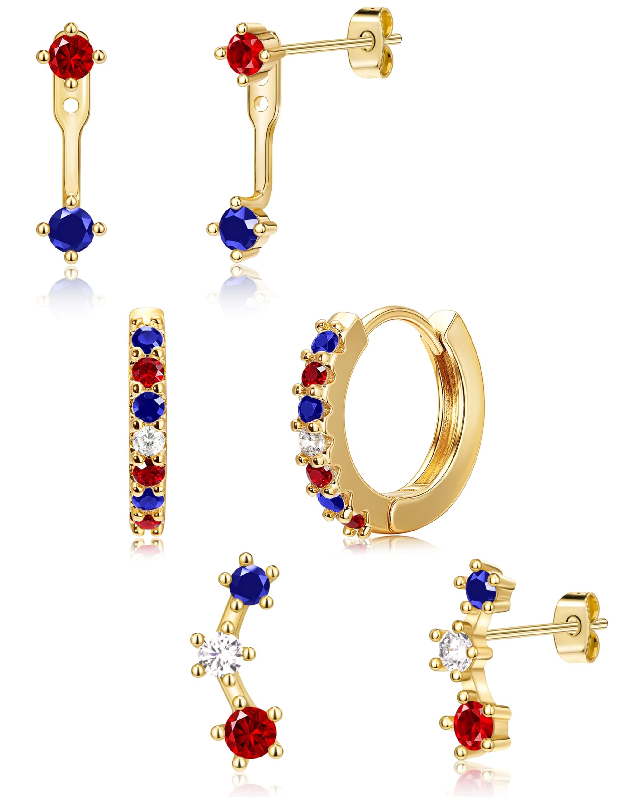Gold Plated Stud Huggie Earrings Stack for Women Trendy, 3 Pairs Small Cute Hoop Jacket Cartilage Earring Set, Fashion Accessories Holiday Western Jewelry Christmas Gifts Gold-Tone 4th of July earrings(Gold Red White Blue)