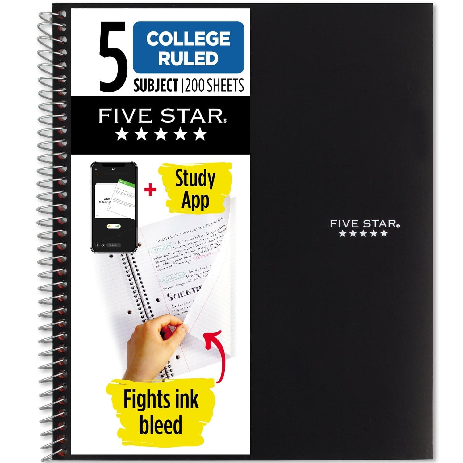 Five Star Spiral Notebook + Study App, 5 Subject, College Ruled Paper, 8-1/2" x 11", 200 Sheets, Fights Ink Bleed, Water Resistant Cover, Black (72081) Black 1 Count (Pack of 1)