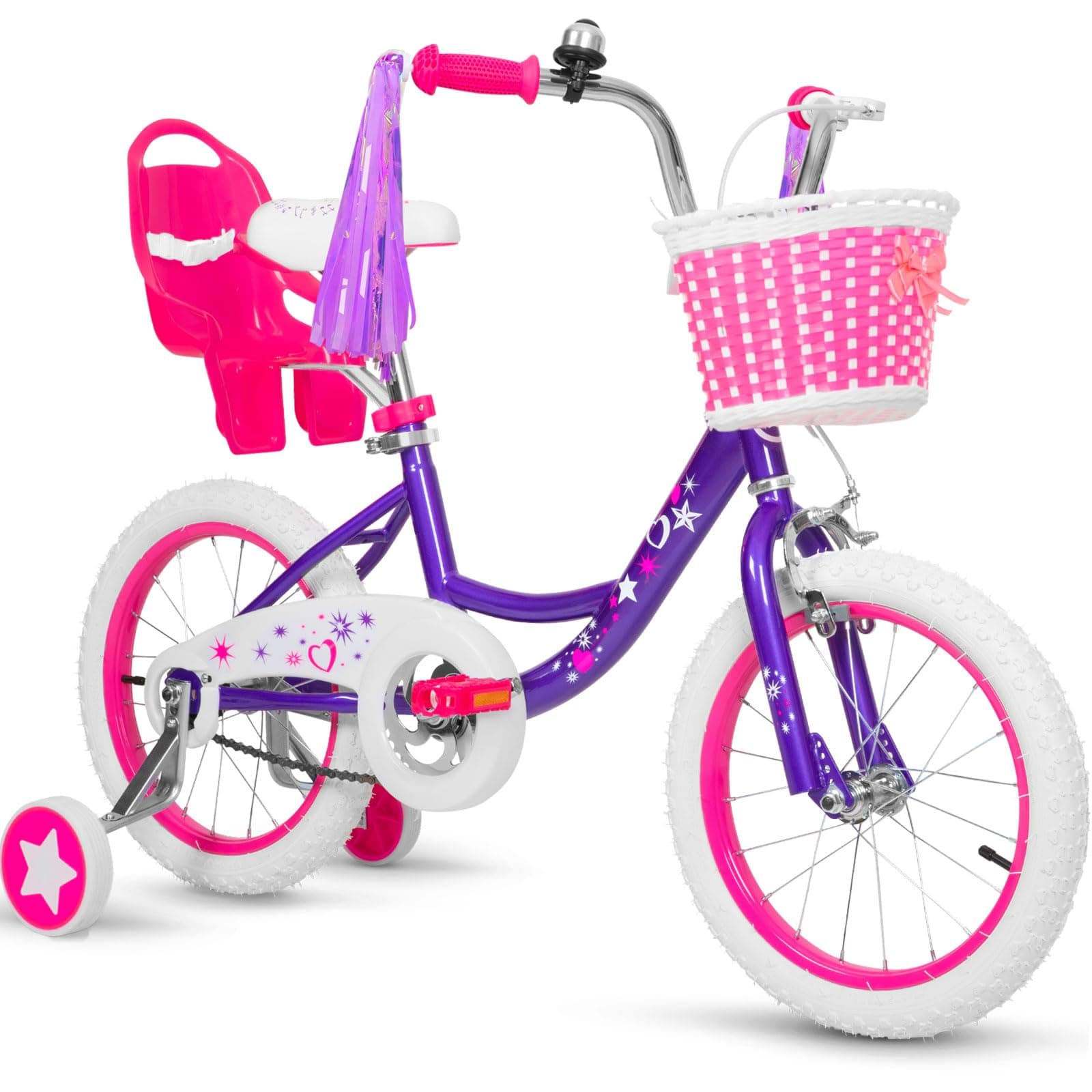 WEIZE Girls Bike for 3-12 Years Old Kids, 14 16 20 Inch Kids Bike with Training Wheels, Streamers, Basket and Doll Seat, Children Bicycles with Coaster Brake, Multiple Colors Purple 14 Inch With Training Wheels