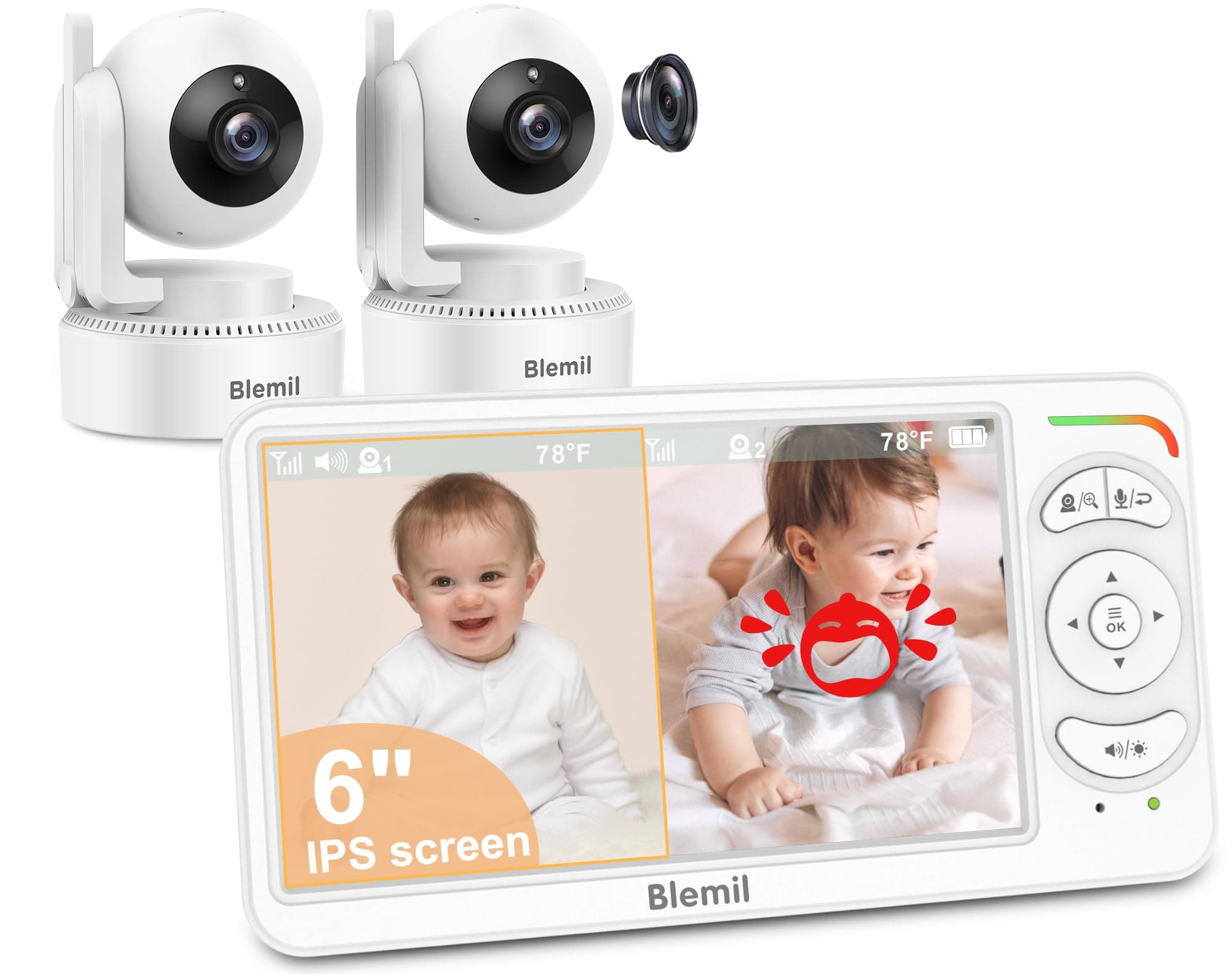Blemil 6" Baby Monitor with 2 Cameras 4000mAh Battery Upgrade Split Screen Video Baby Monitor No WiFi Remote Pan-Tilt-Zoom Auto-Night Vision 150 Languages ECO Mode 2-Way Talk 1000FT (Ideal Condition) BL9064-2
