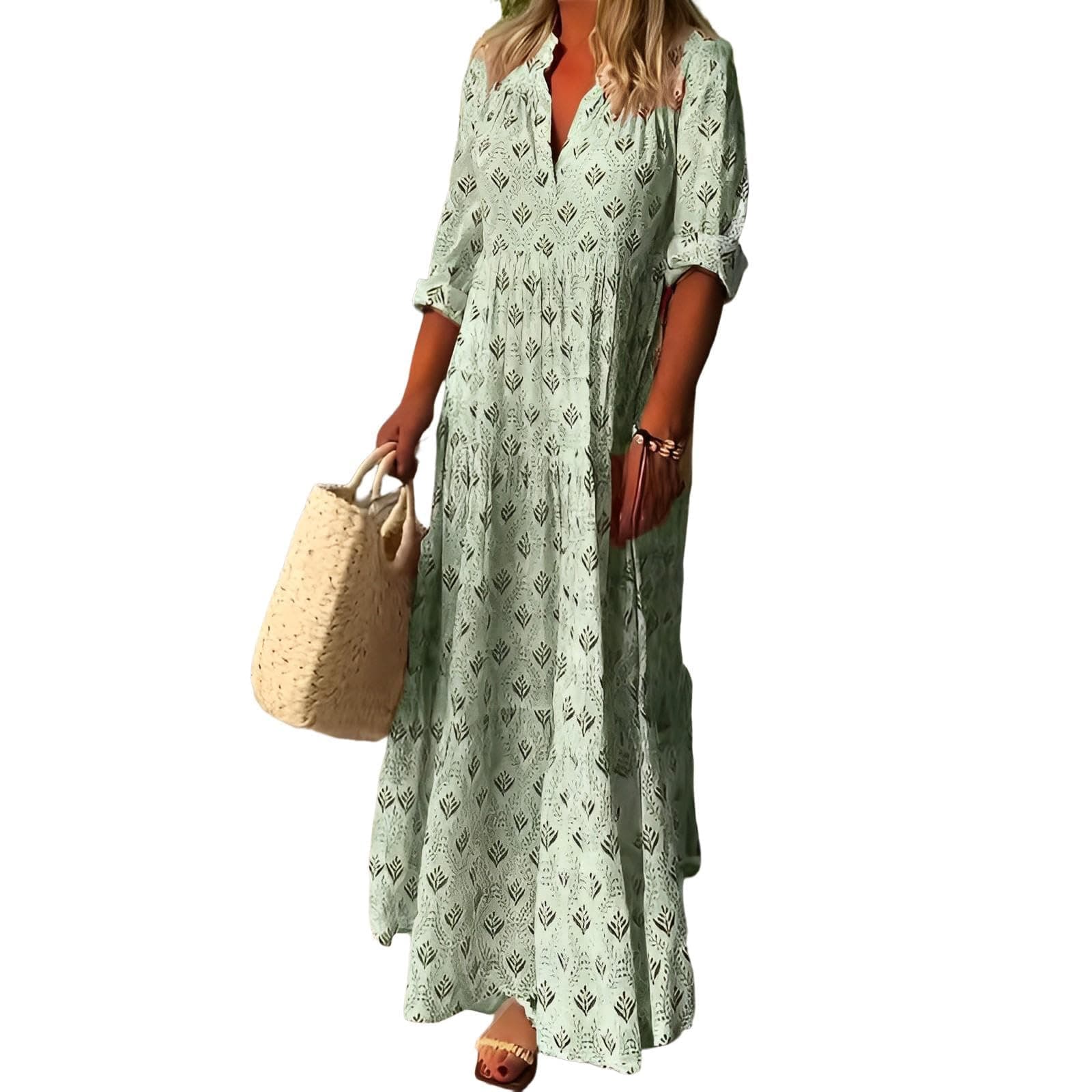 Boho Maxi Dress for Women 2025 Trendy Long Sleeve Floral Dress Tiered Flowy Dress Loose Spring Long Dresses Green Medium