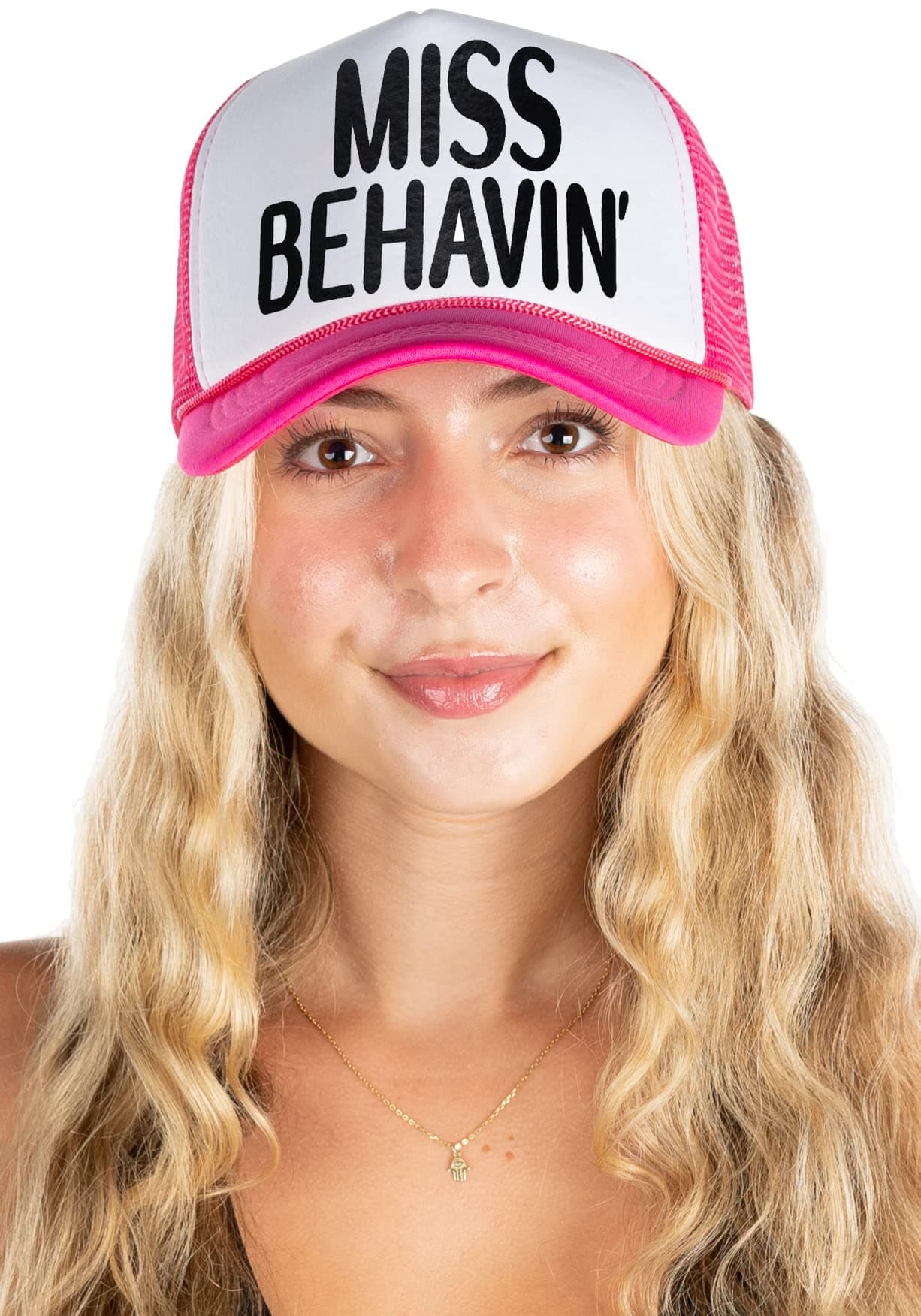 Funky Junque Retro Mesh Snapback Trucker Hat - Stylish Foam Cap for Bachelorette Party, Western Style, Spring Break Miss Behavin' - Hot Pink/White