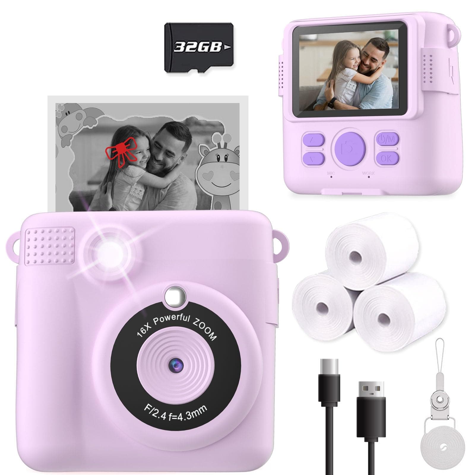 Instant Print Camera for Kids, Christmas Birthday Gifts for Girls Boys Age 3-12,Digital Kids Cameras for Toddler, Portable Toy for 3 4 5 6 7 8 9 10 Year Old Girl with 32GB SD Card-Purple