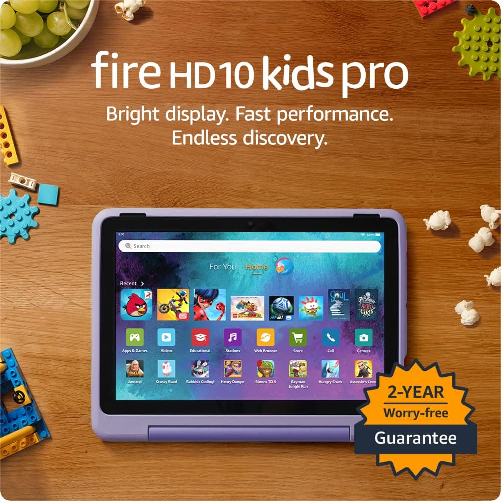 Amazon Fire HD 10 Kids Pro tablet, ages 6-12. Bright 10.1" HD screen, includes ad-free content, robust parental controls, 13-hr battery and slim case for older kids, 32 GB, Happy Day Happy Day Amazon Fire HD 10 Kids Pro (Standalone)