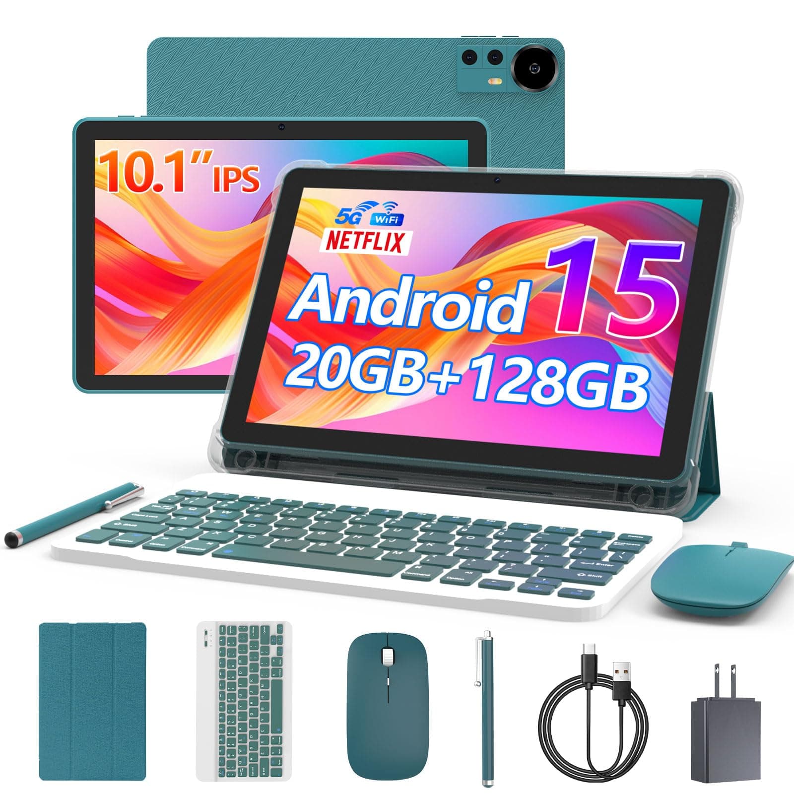 Android 15 Tablet 10 Inch, 20GB RAM+128GB ROM/ 2TB Expandable, 2.0GHz Quad-core Processor, 1280*800 HD Screen, 5G WiFi6 BT 5.0, 2 in 1 Tablets with Keyboard Case Mouse Stylus, Widevine L1 Blue NavyBlue