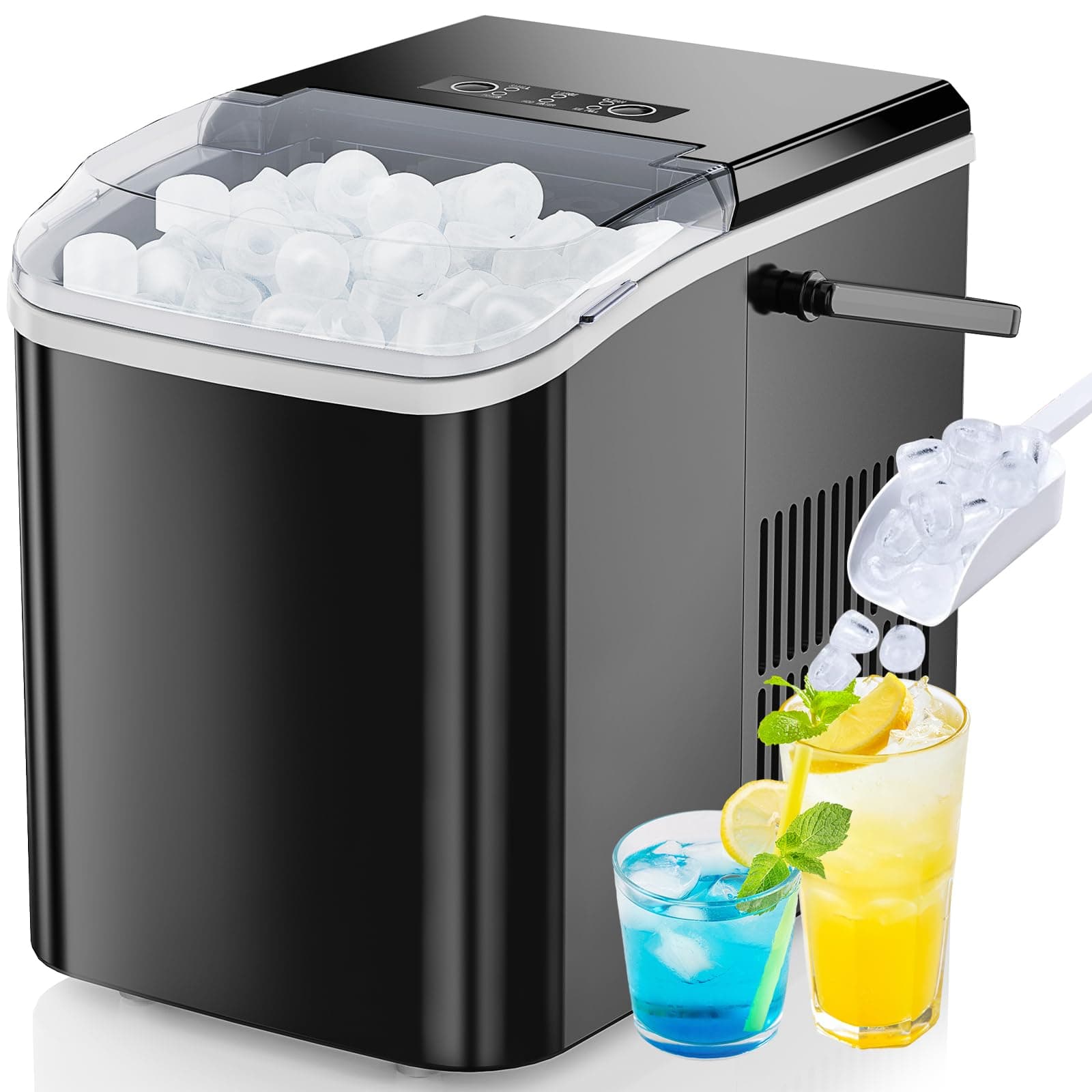 DUMOS Countertop Ice Maker with Handle, 26lbs/24H Portable Ice Machine, 9 Bullet Cubes Ready in 6 Mins, Self-Cleaning, Quiet Compact for Home, Kitchen, RV, Camping, Bright Black Bright Black Handle-26.5Lbs/24H