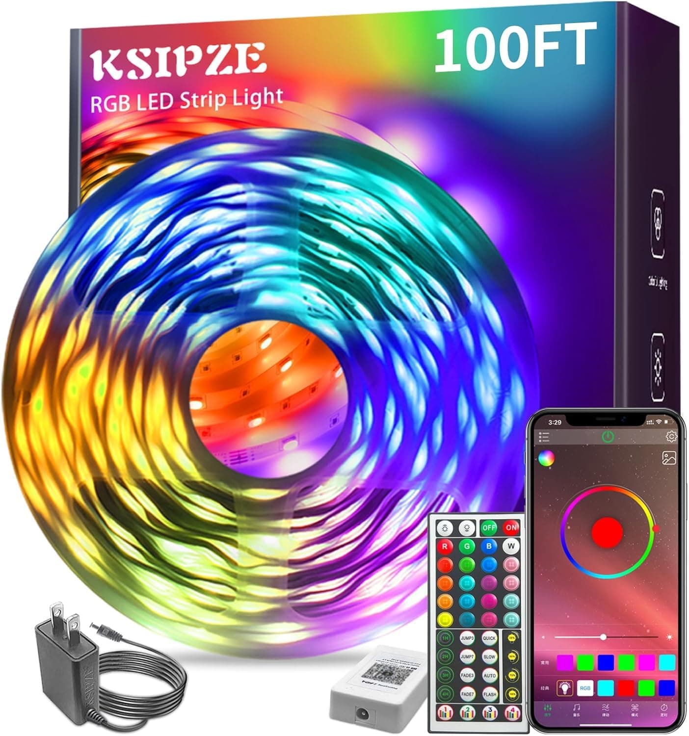 KSIPZE 100ft Led Strip Lights RGB Music Sync Color Changing Bluetooth Led Lights with Smart App Control Remote Led Lights para sa Bedroom Room Lighting Flexible Home Décor