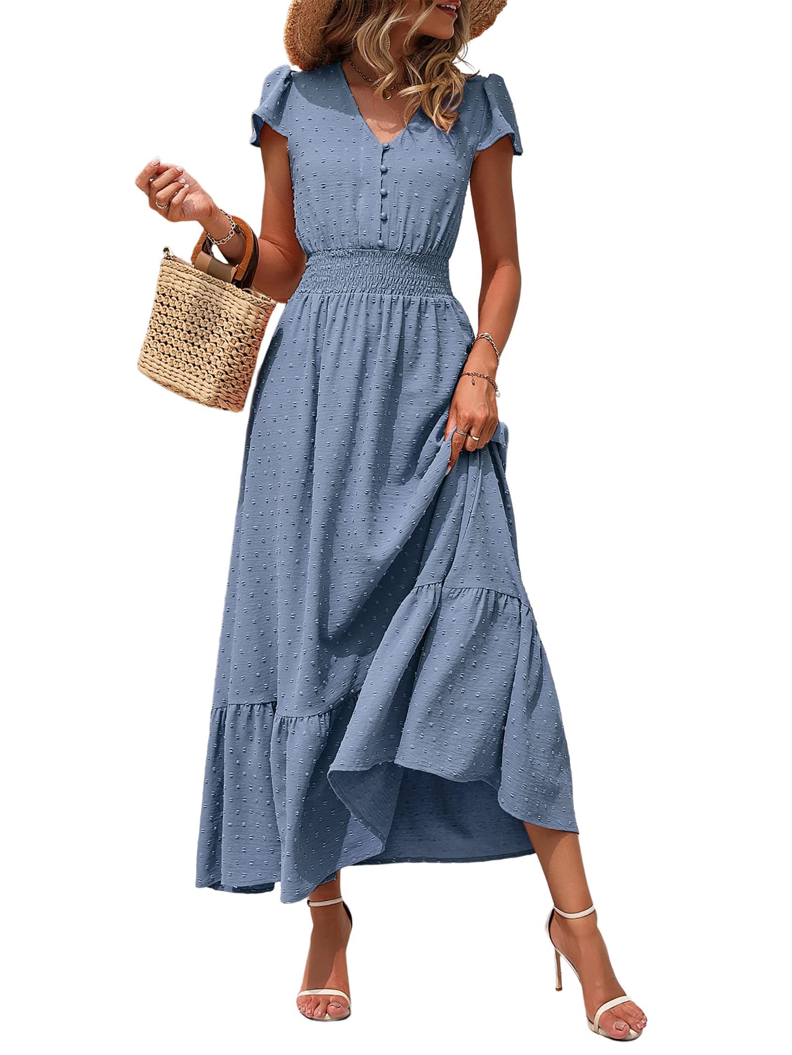 PRETTYGARDEN Womens Dresses 2025 Summer Maxi Dress Boho Short Sleeve V Neck Swiss Dot Ruffle Tiered Smocked Flowy Long Dress Small Z02-grey Blue