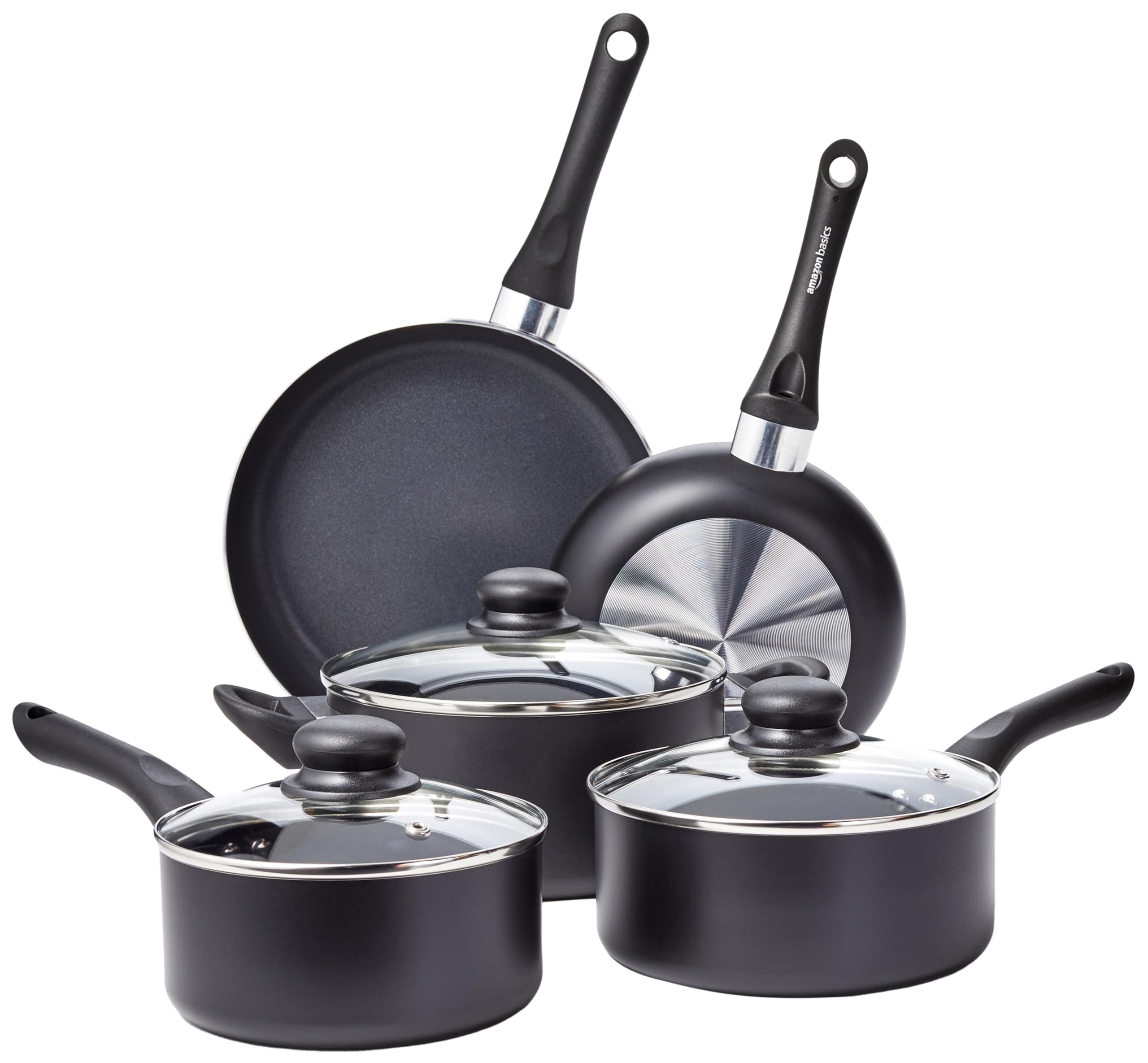 Amazon Basics Non Stick Kitchen Cookware 8-Piece Set, Non-Induction, Includes Pots and Pans, Black