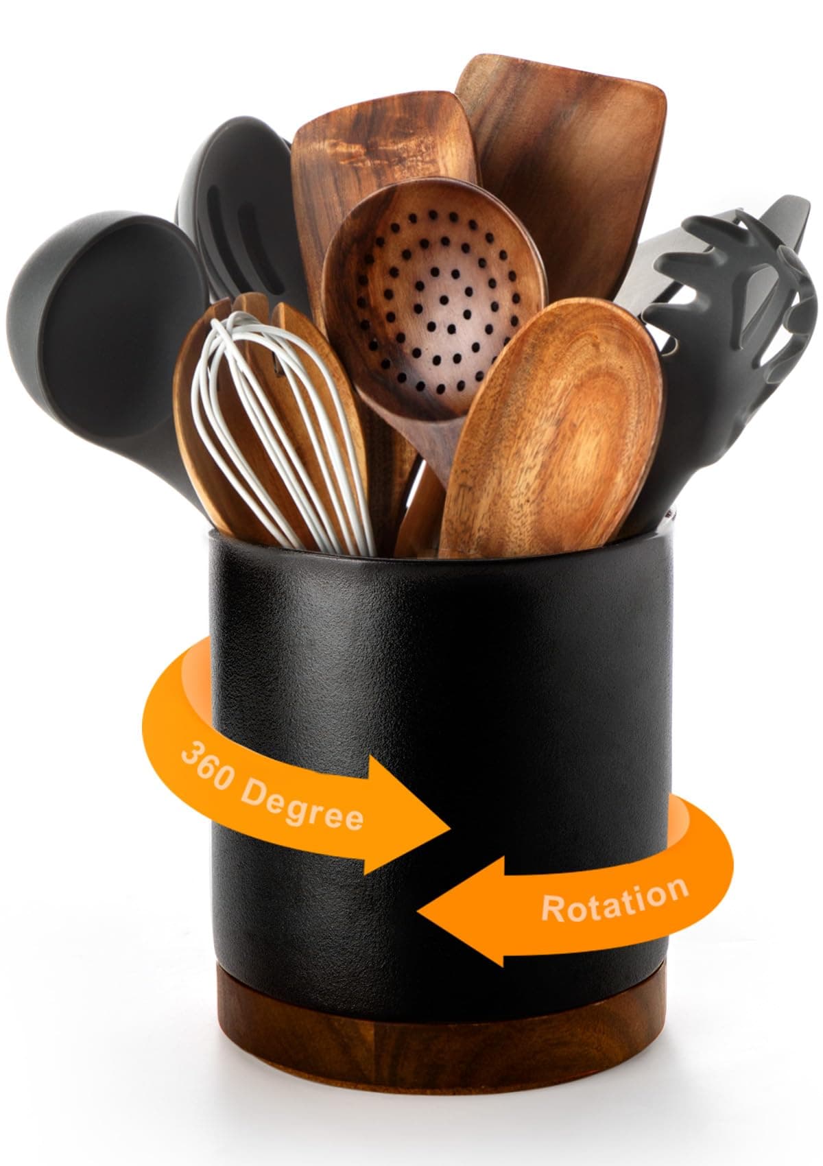 Nucookery 360°Rotating Utensil Holder, 7.2" Kitchen Utensil Crock, Ceramic Cooking Utensil Organizer with Countertop-Protection Cork Bottom for Farmhouse Kitchen Decor Christmas (Stone Black)