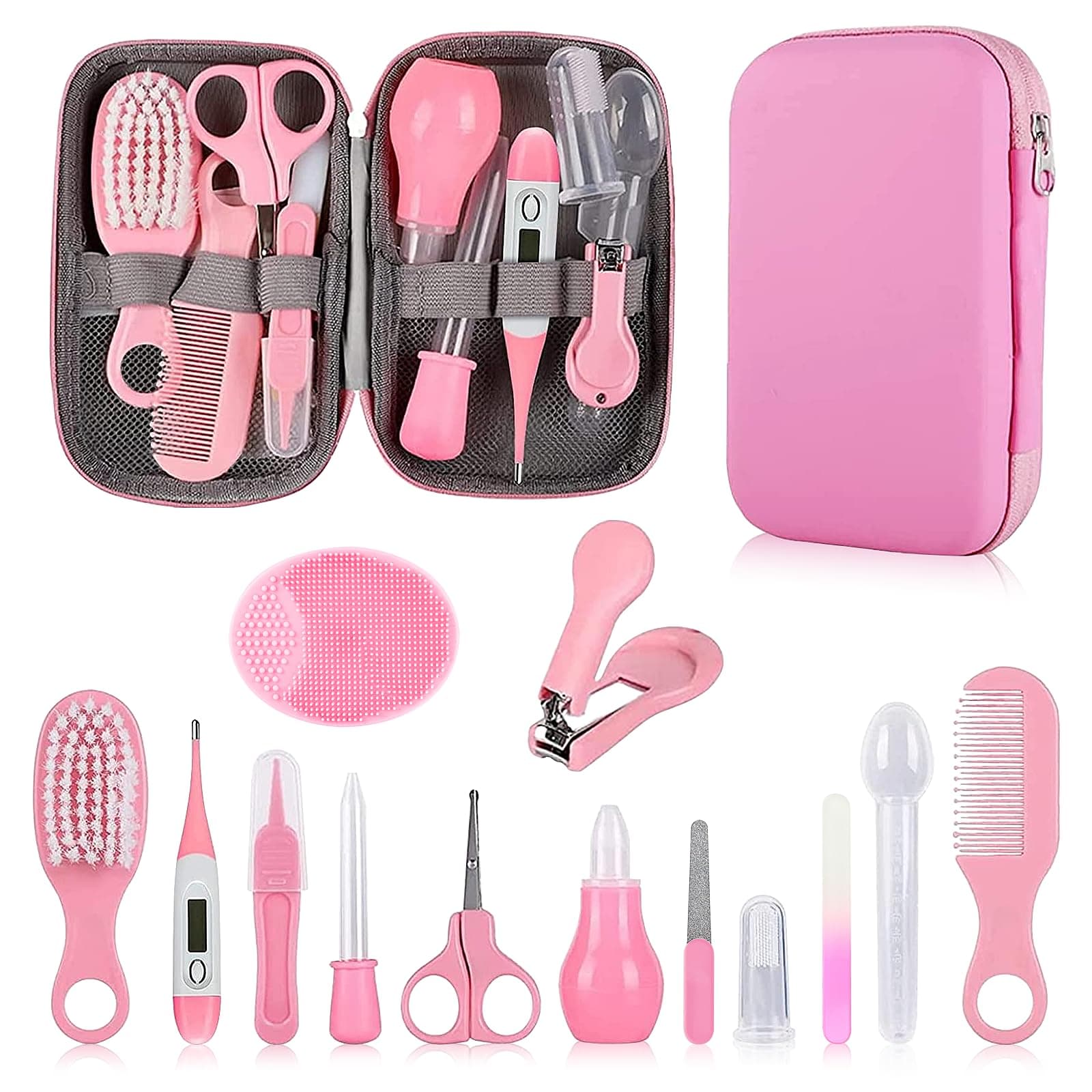 Baby Grooming Kit, Infant Safety Care Set with Hair Brush Comb Nail Clipper Nasal Aspirator,Baby Essentials Kit for Newborn Girls Boys (Pink Baby Grooming kit) Pink Kit+Pink Brush