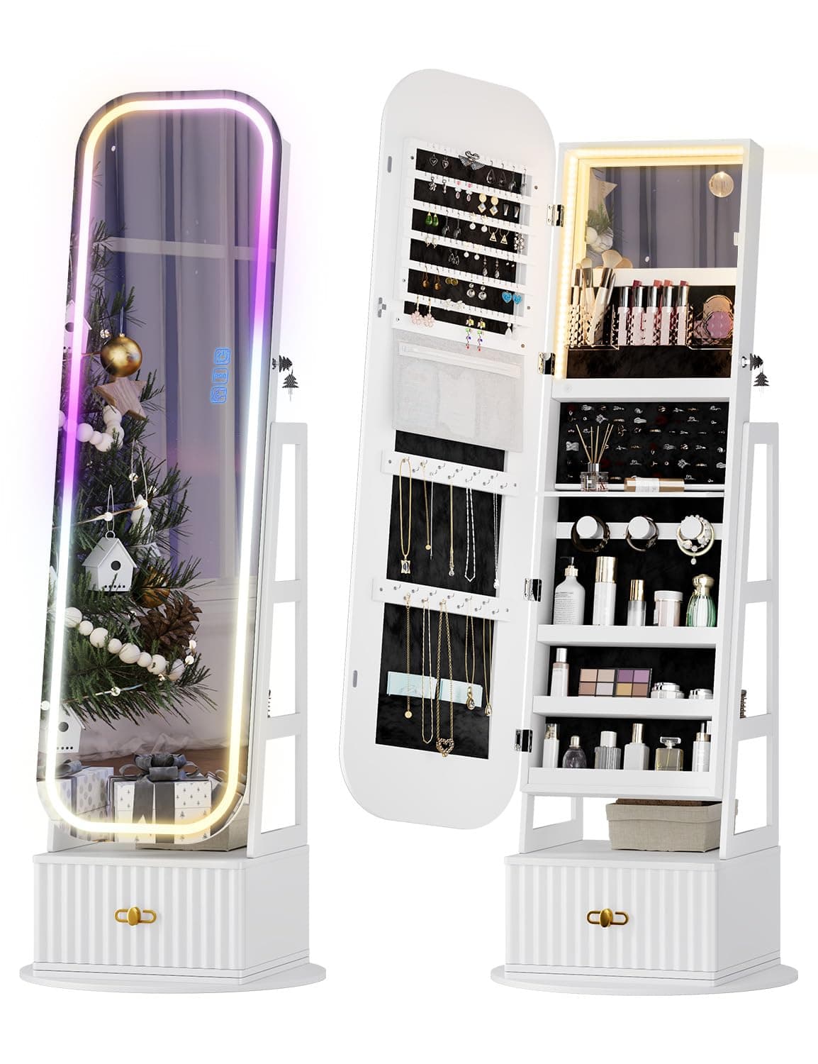 360° Swivel Jewelry Cabinet with Lights - RGB Vanity Mirror | Rotatable Full Length Mirror with Jewelry Storage, Standing Jewelry Armoire Organizer, Foldable Makeup Shelf, White (White 052)