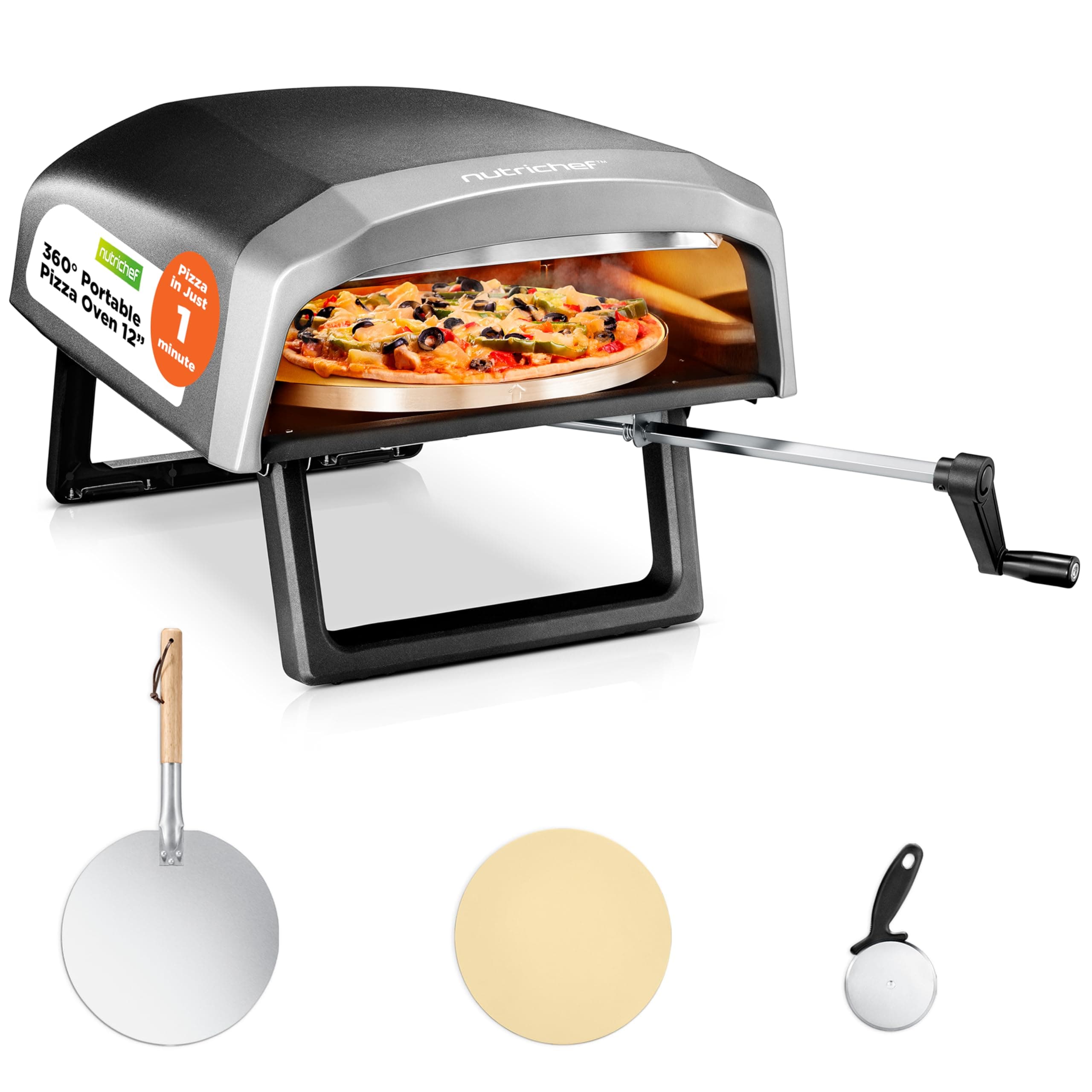 Nutrichef Outdoor Pizza Oven - Manual 360° Rotating Pizza Stone - Adjustable Heat - Includes Pizza Peel, Pizza Cutter, Stone, Cover, & Hose - Cook 12" Pizza in 60 Seconds - Long Handle