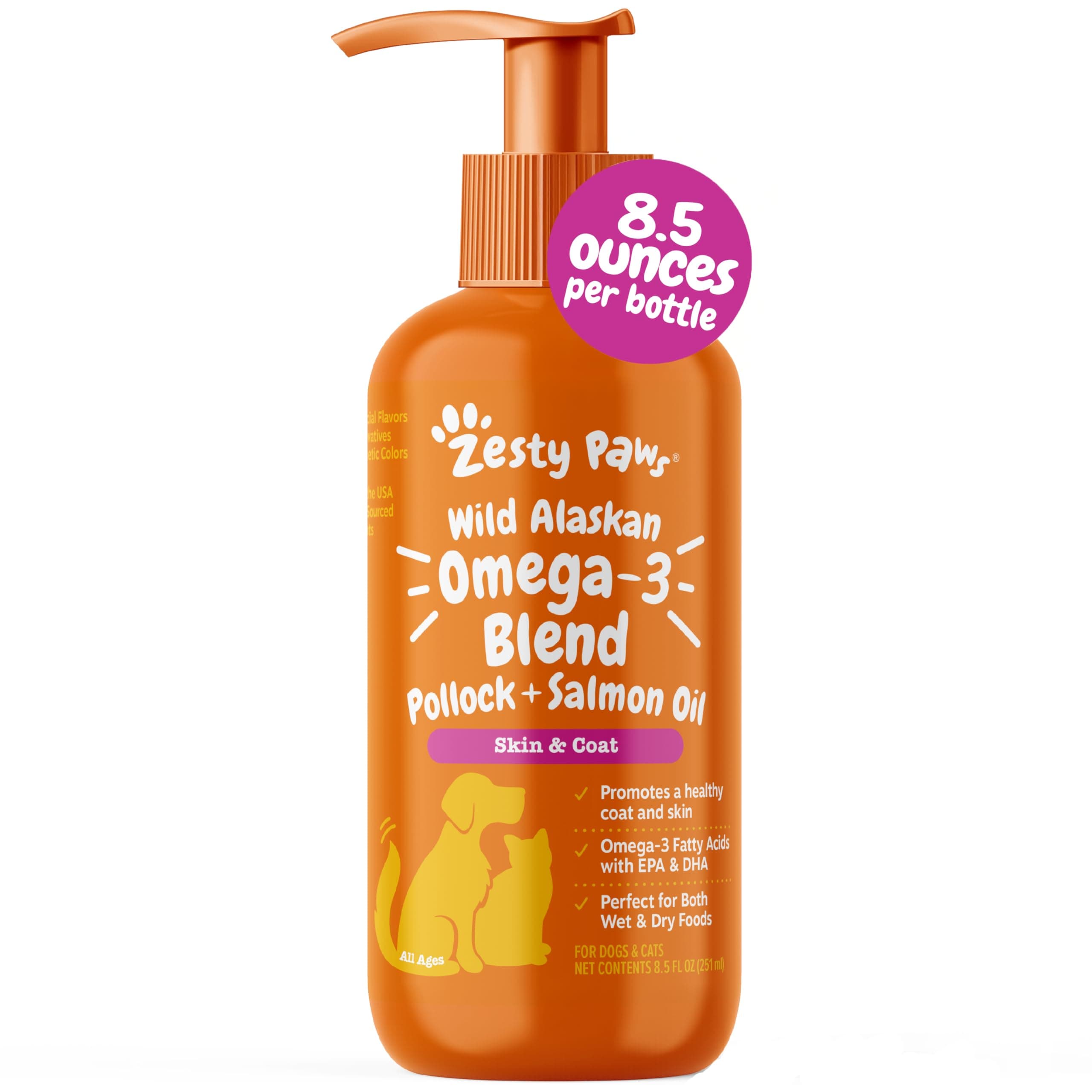Zesty Paws Wild Alaskan Omega-3 Blend Pollock + Salmon Oil for Dogs and Cats- Skin and Coat Support, Omega 3 Supplement for Pets, 8.5oz Salmon Oil 8.5 Fl Oz
