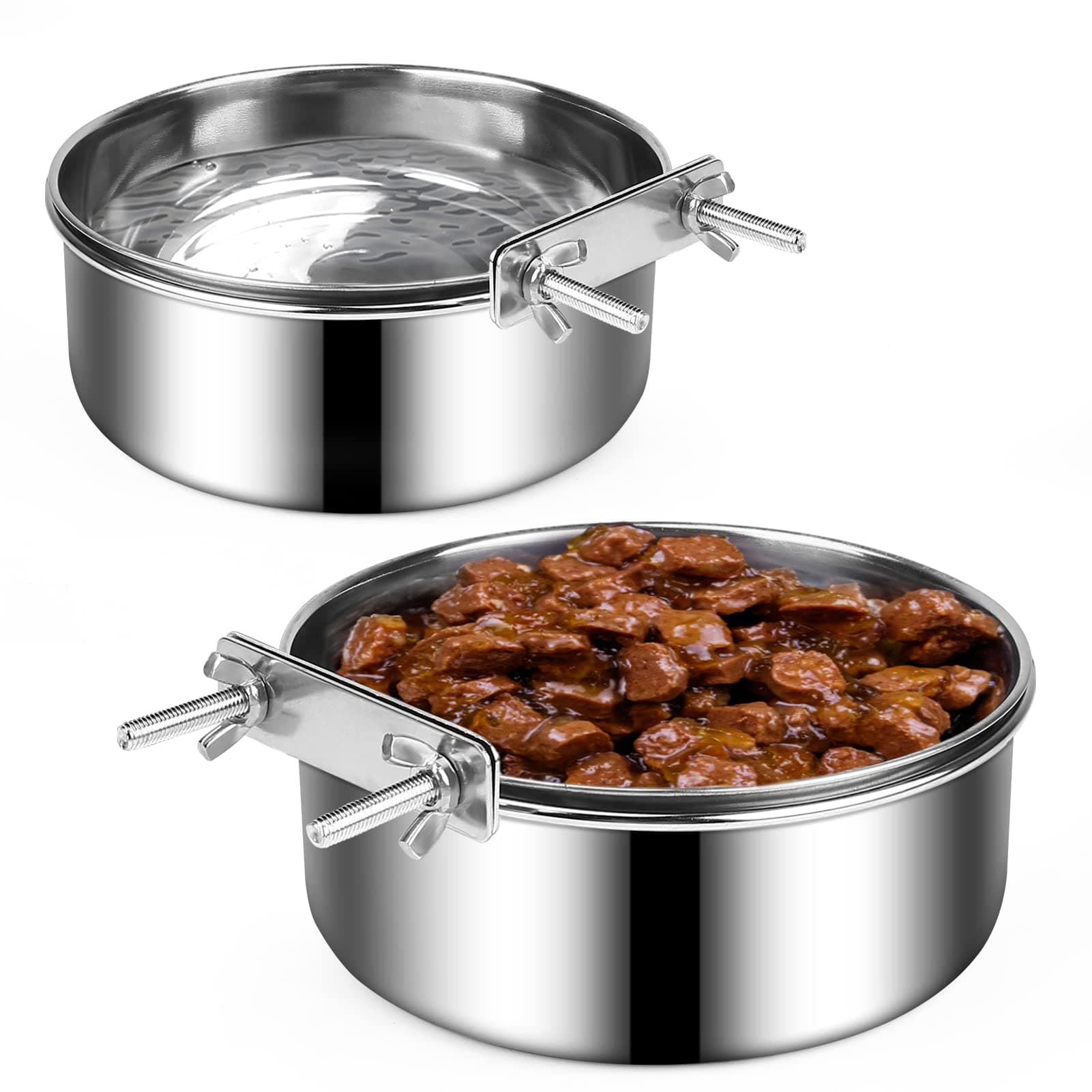 Dog Crate Water and Food Bowl, ShineMe Stainless Steel Dogs Bowls Hanging 2 Pack for Cage Crate Kennel, Spill Proof Dog Bowl for Medium and Small Sized Dogs Cats Pets (6.3 * 2.6” & 5.5 * 2.4”) Silver (40oz+26oz)