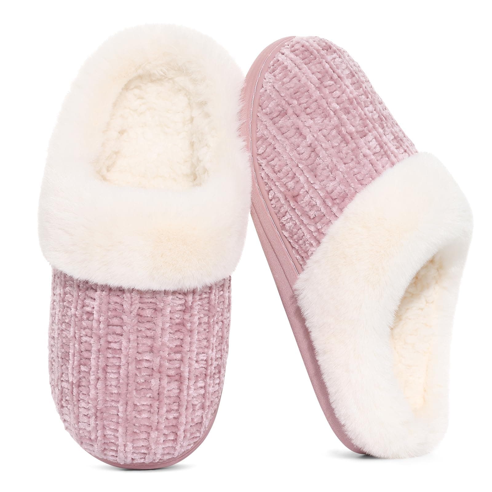 Evshine Warm Knit House Slippers for Women Comfy Wool-Like Lined Chenille Slippers with Memory Foam and Indoor Outdoor Soles 8-9 Pink