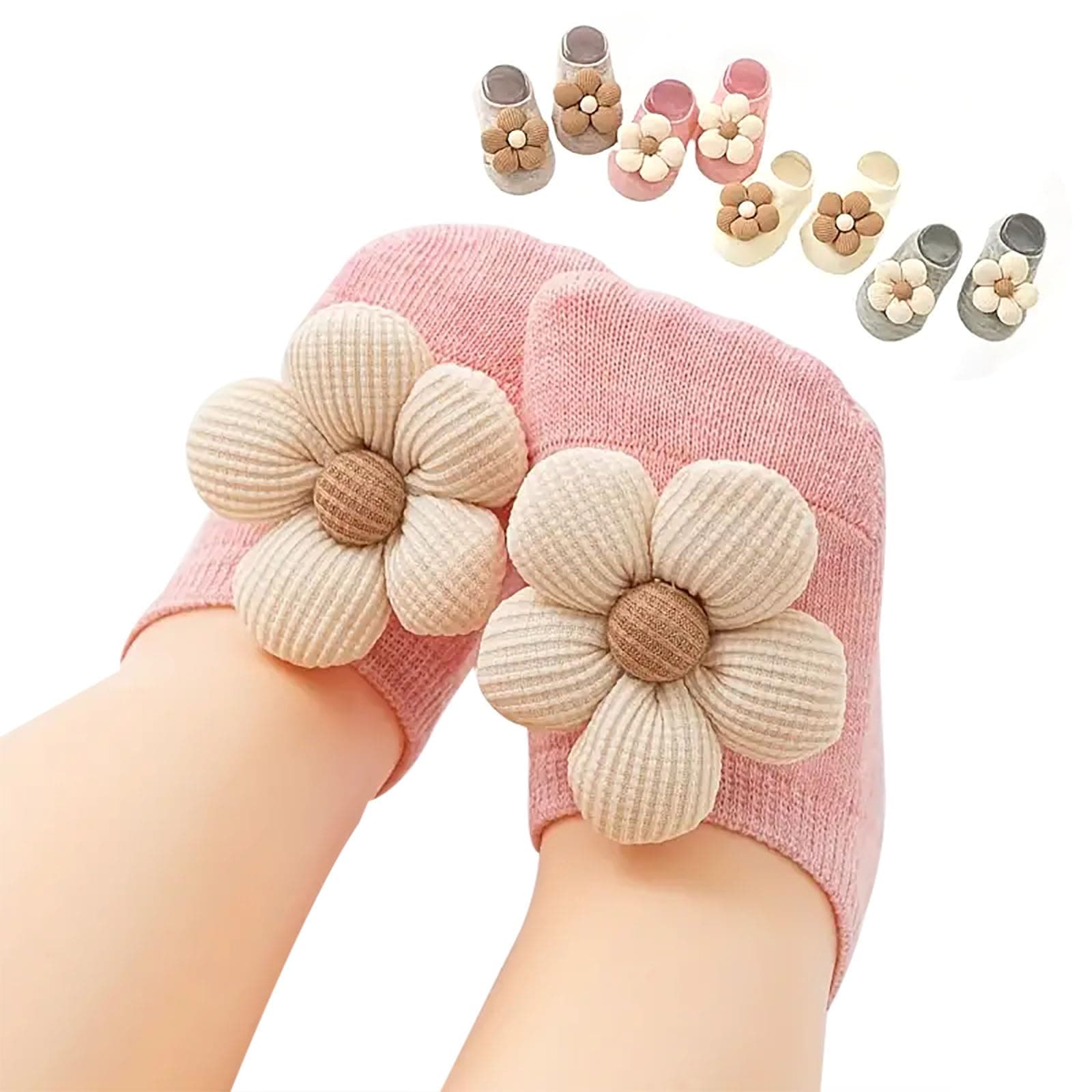 4Packs Baby Girls Socks,Flower Non-Slip Grips for Babies Toddler Princess Low Cut Ankle Socks for Girls 0-6 Months Multicolor