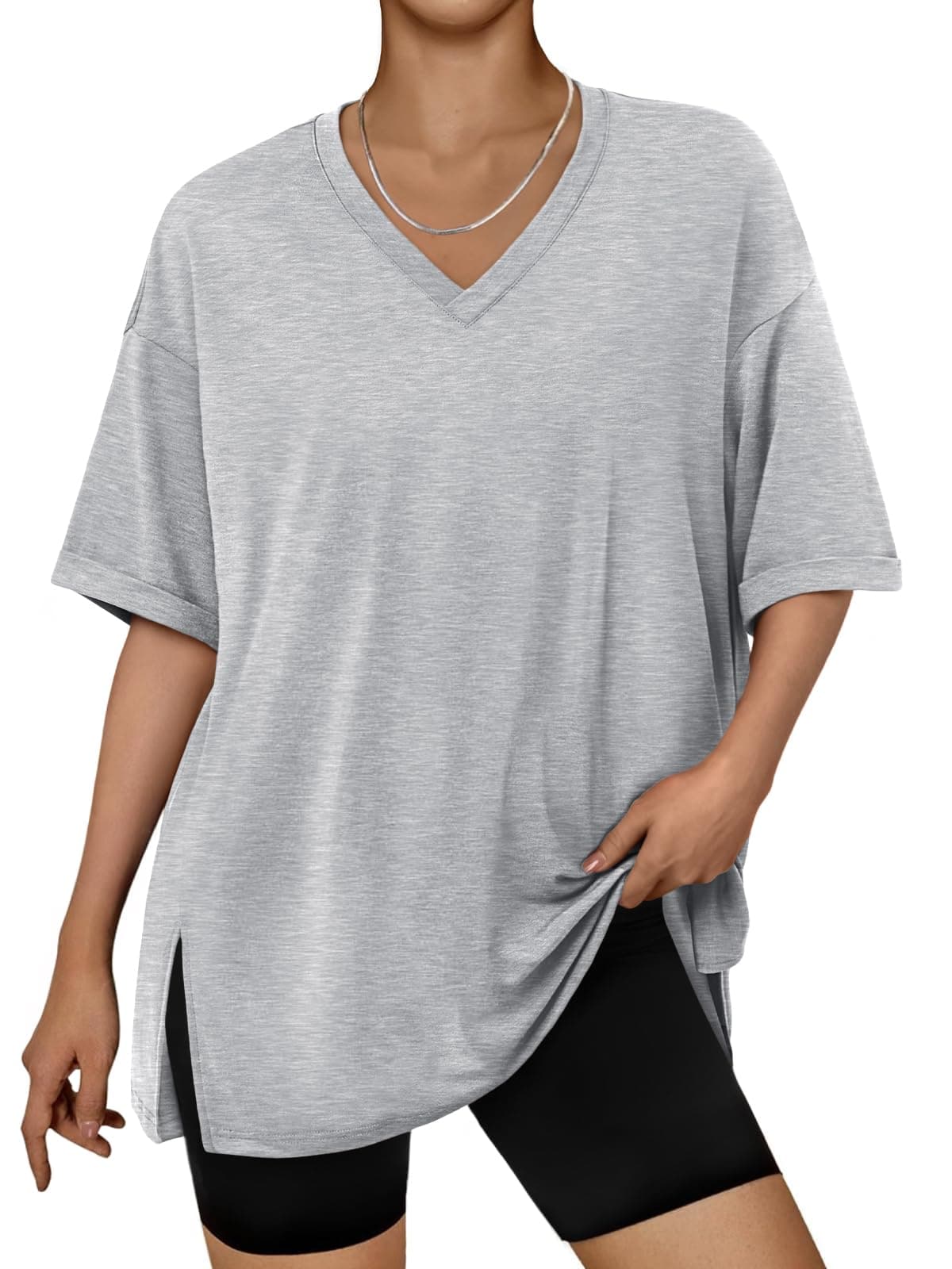 Trendy Queen Oversized Tshirts for Women Workout Plus Size Tops V Neck Short Sleeve Gym Shirts Casual Loose Fit Basic Tees Grey XX-Large