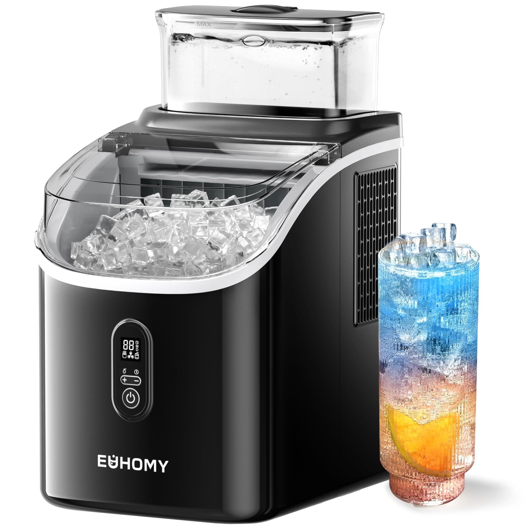 EUHOMY Ice Cube Maker Machine Countertop with External Water Tank, 2 Ways to Add Water, 34Lbs/Day, 16Pcs Ready in 7 Mins, Auto-Cleaning, with Ice Scoop & Basket, for Home/Kitchen/Office/Bar (Black) 34lbs Black