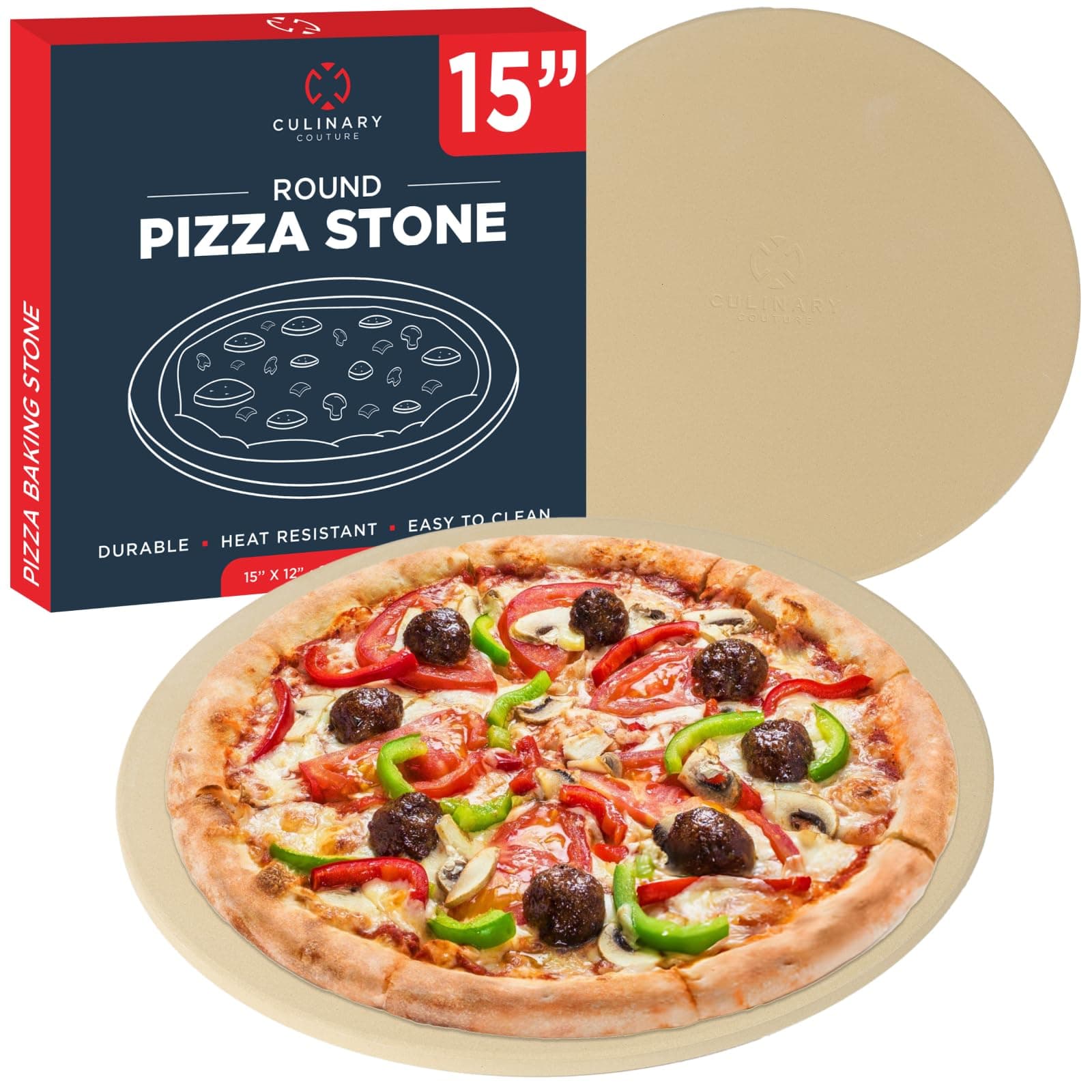 Culinary Couture 15 inch Round Pizza Stone for Oven - Large Pizza Stone for Grill, Cordierite Stones for Bread, Calzone, Cookies - Pizza Making Kit 15-inch Round